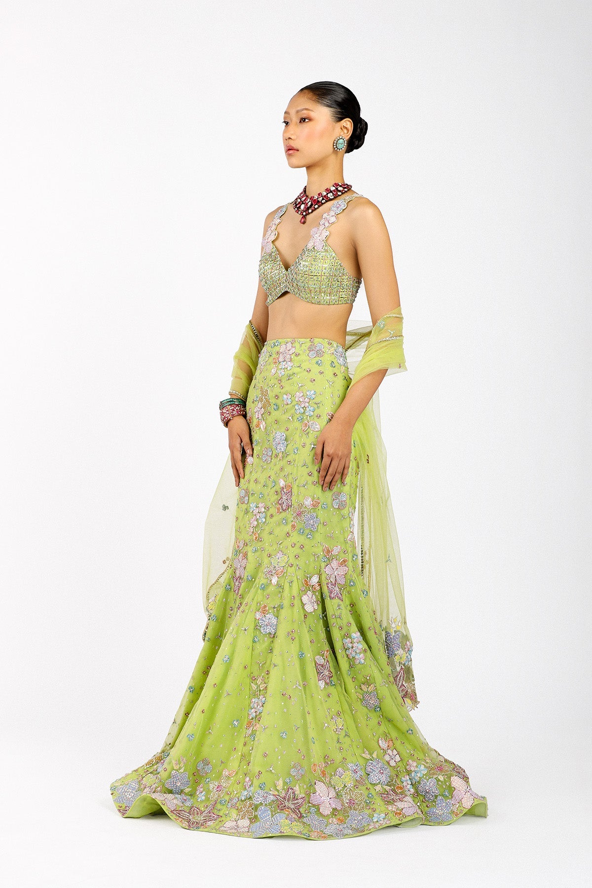 Verphine - Lime Green Tulle Mermaid Lehenga