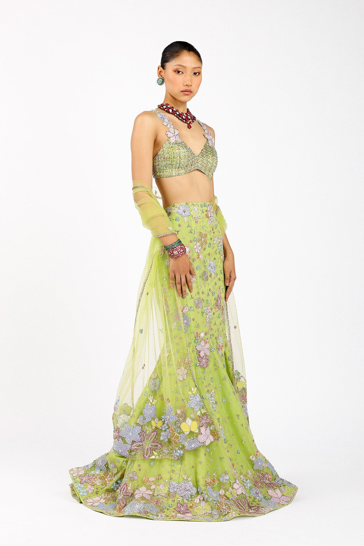 Verphine - Lime Green Tulle Mermaid Lehenga
