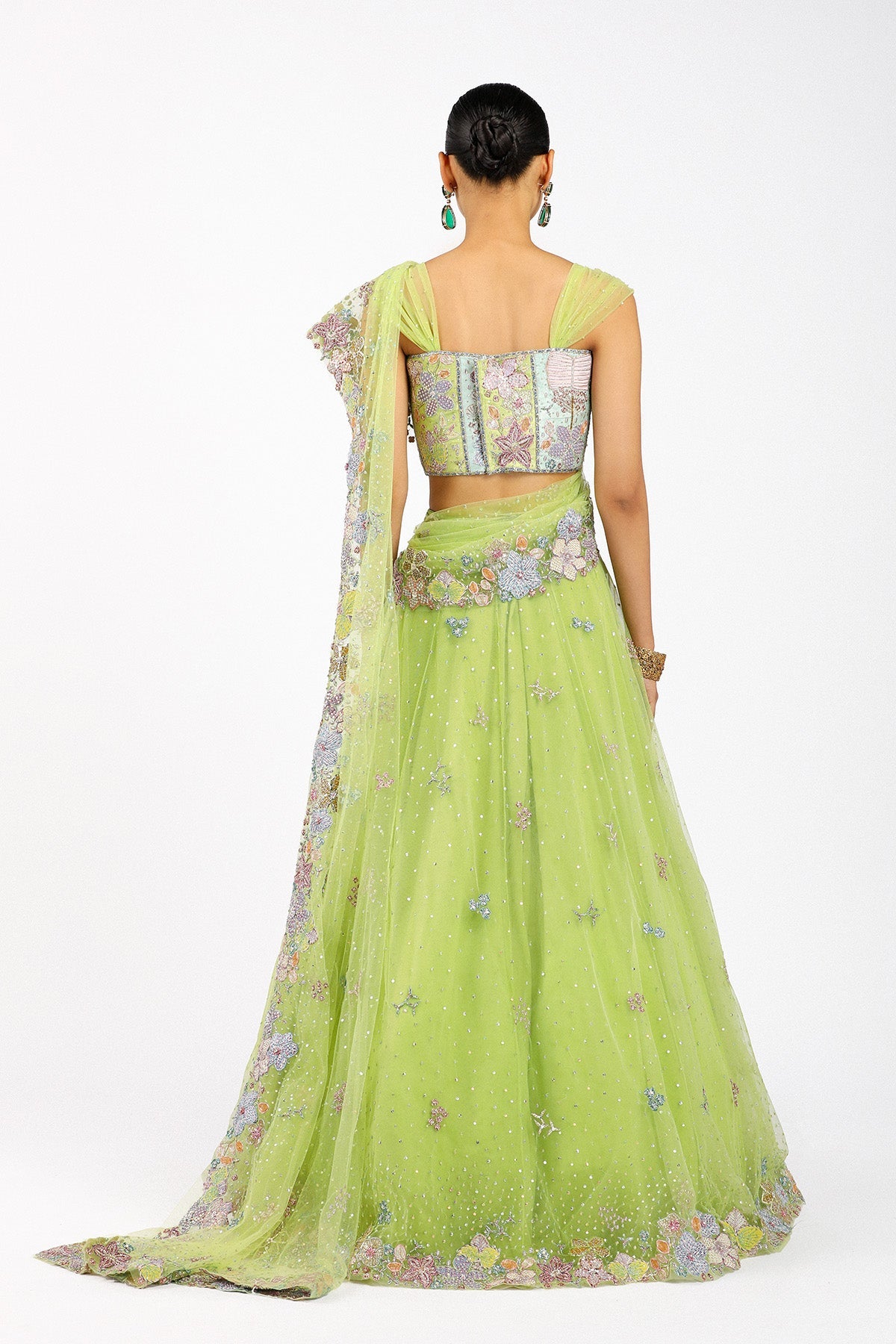 Azalée - Lime Green Tulle Saree Lehenga