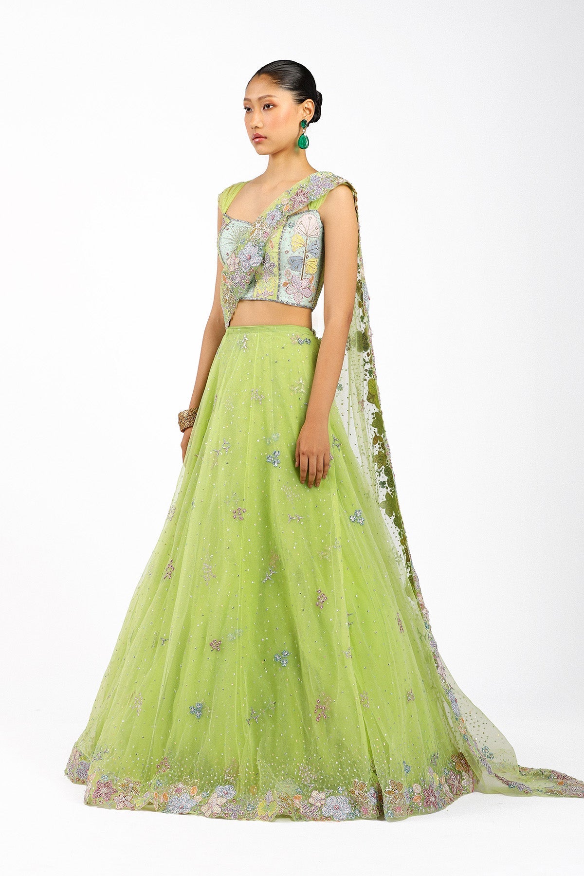 Azalée - Lime Green Tulle Saree Lehenga