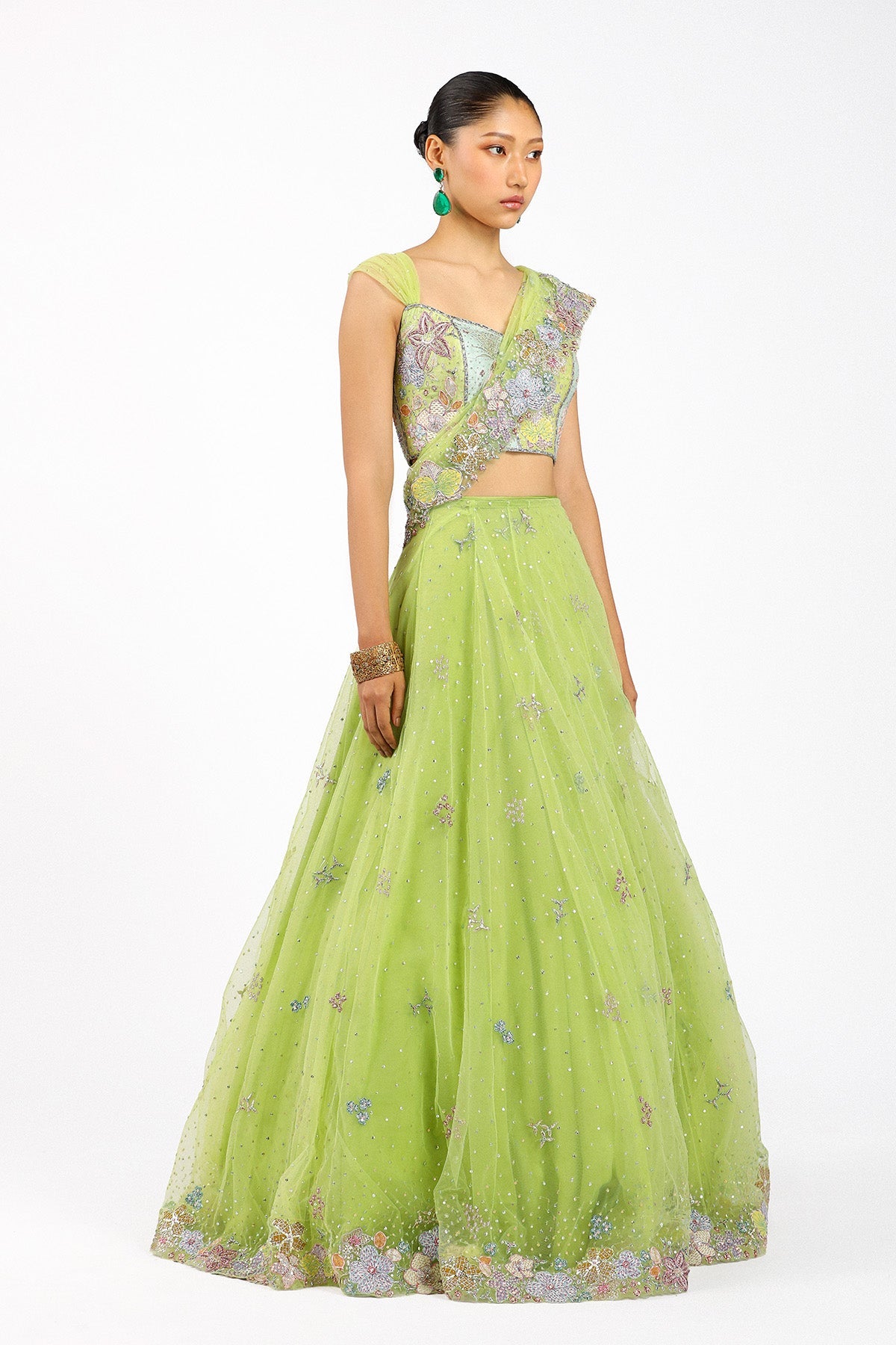Azalée - Lime Green Tulle Saree Lehenga