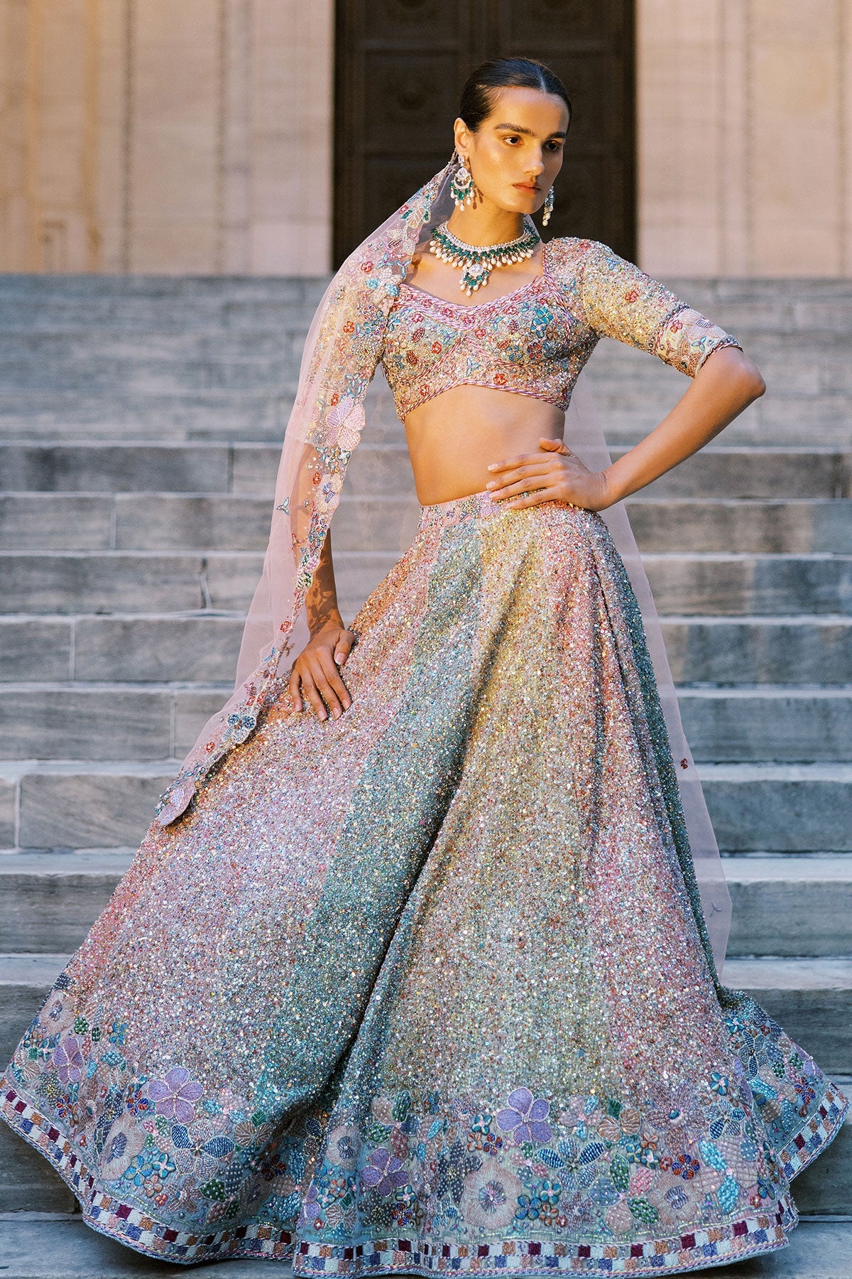 Tribelle - Multicolour Sequin tulle Lehenga