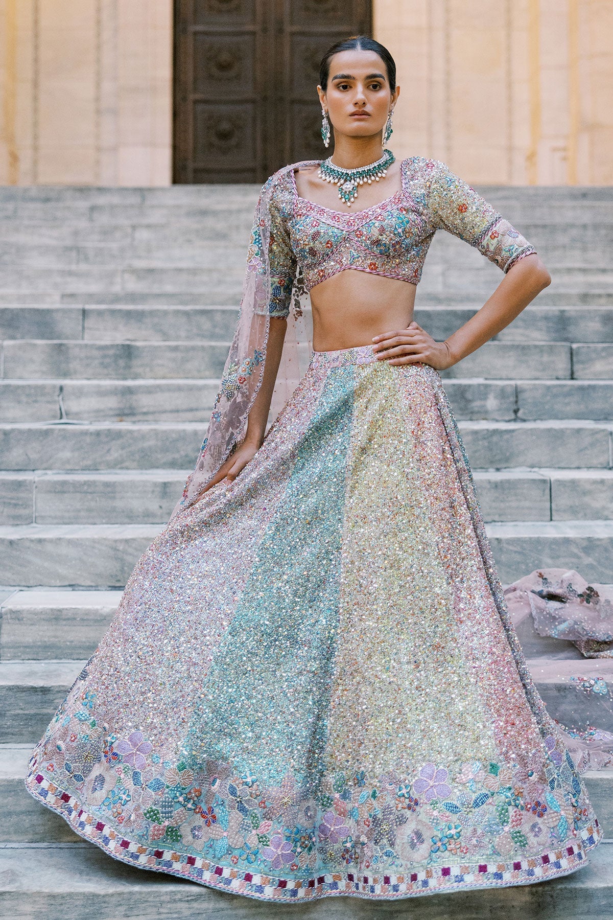 Tribelle - Multicolour Sequin tulle Lehenga