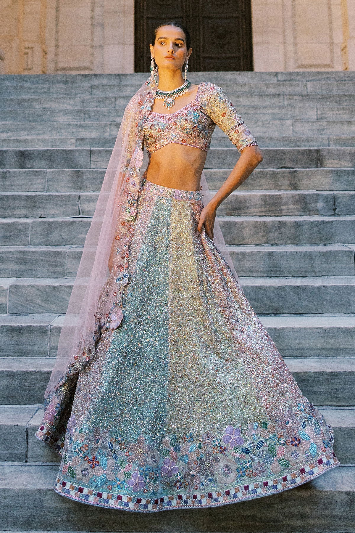 Tribelle - Multicolour Sequin tulle Lehenga