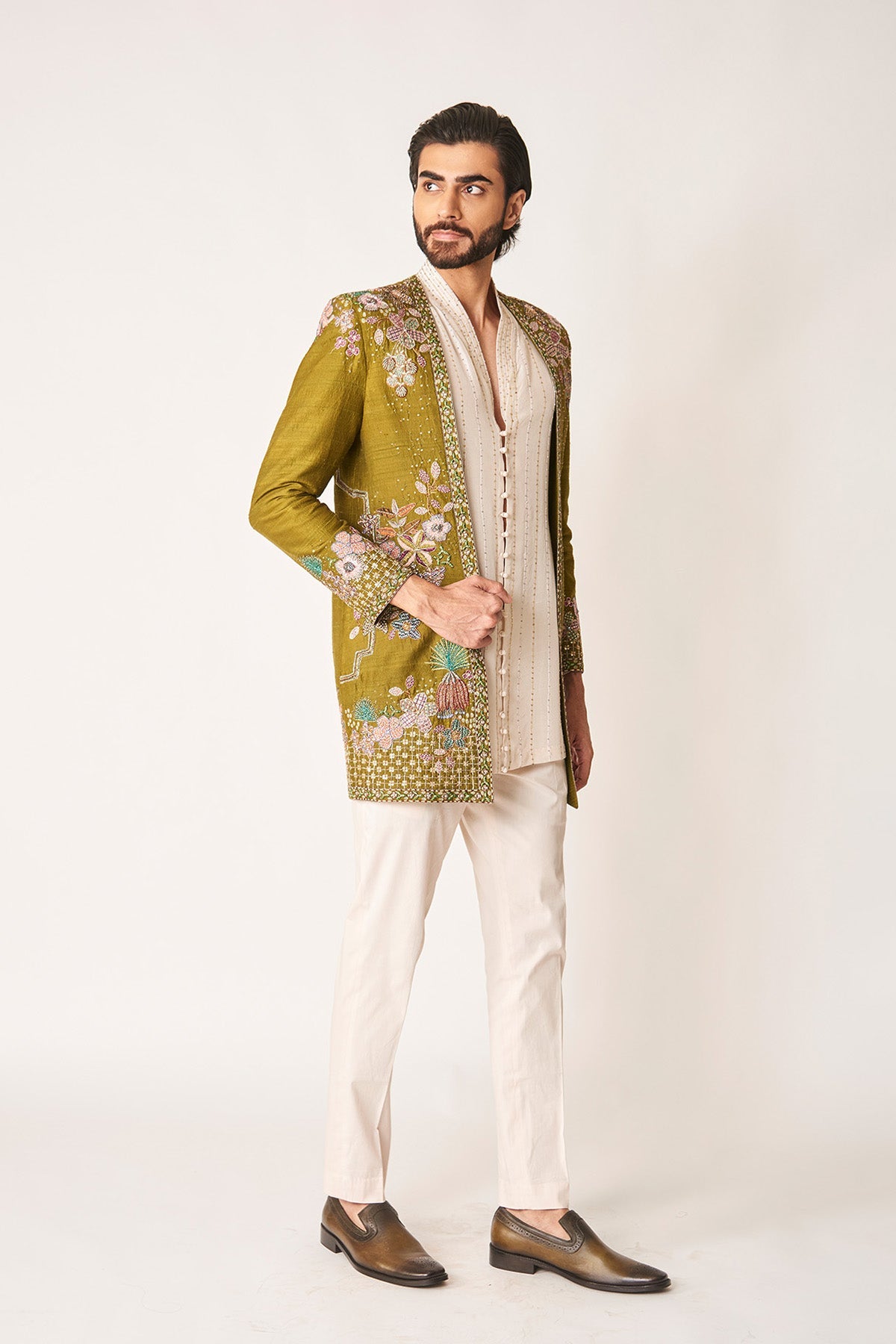 Cypres - Olive Dupion Silk Open Jacket