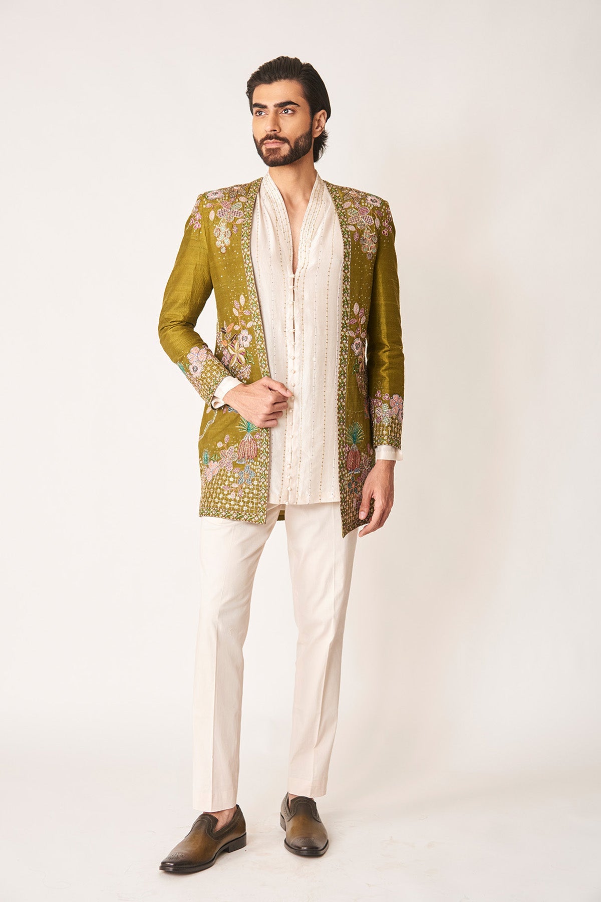 Cypres - Olive Dupion Silk Open Jacket