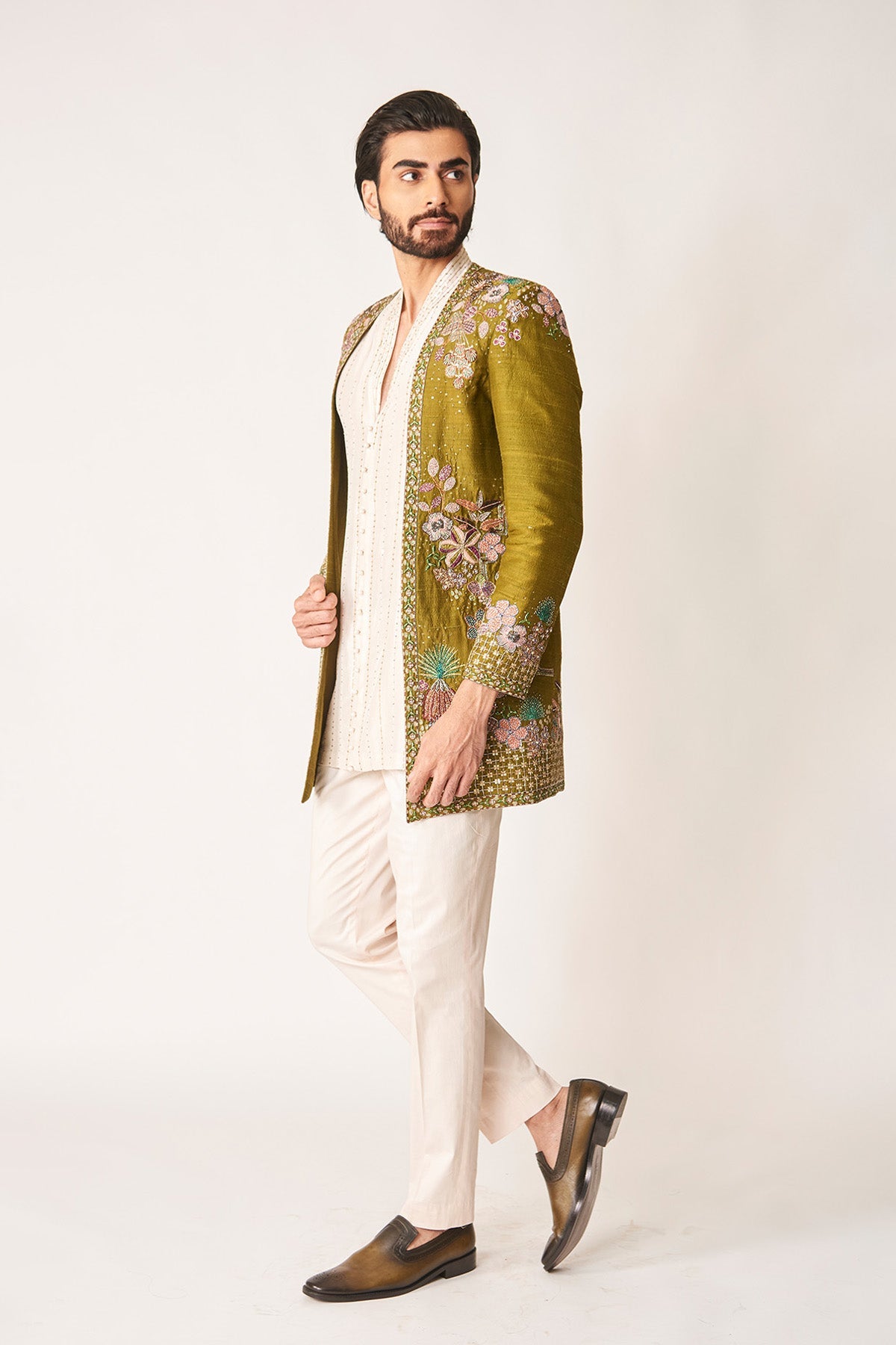 Cypres - Olive Dupion Silk Open Jacket