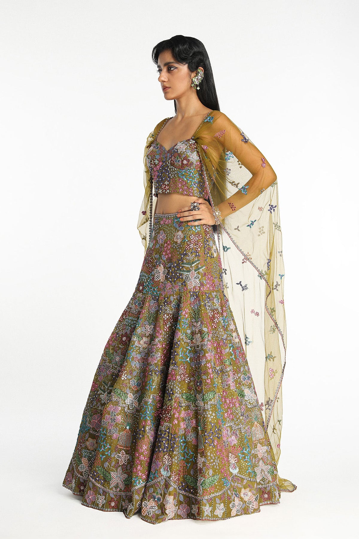 Dorée - Olive Organza Lehenga