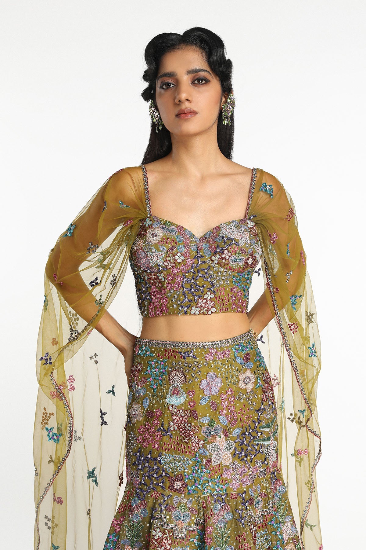 Dorée - Olive Organza Lehenga
