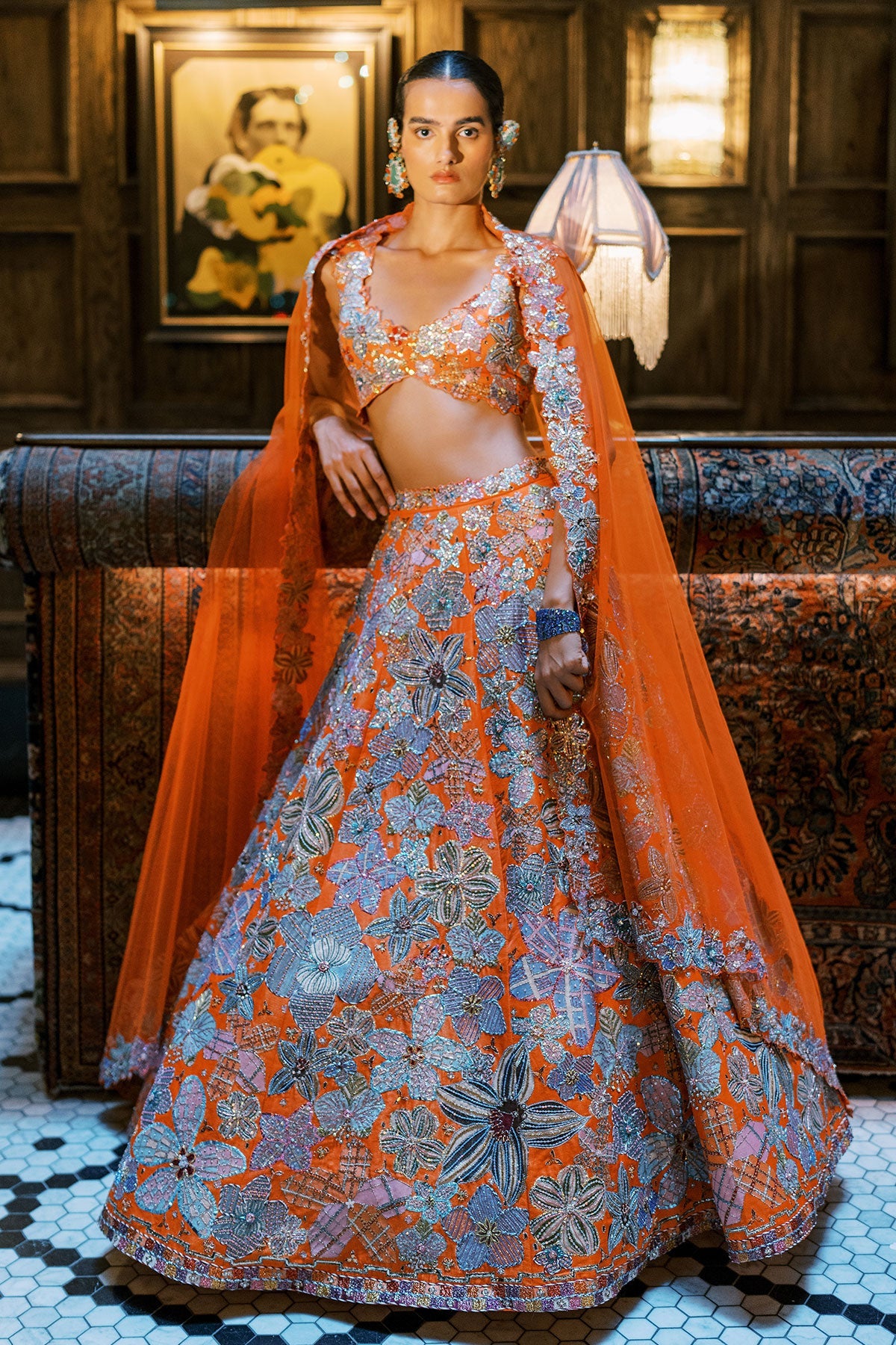 Cyanora - Orange Kasab satin Lehenga