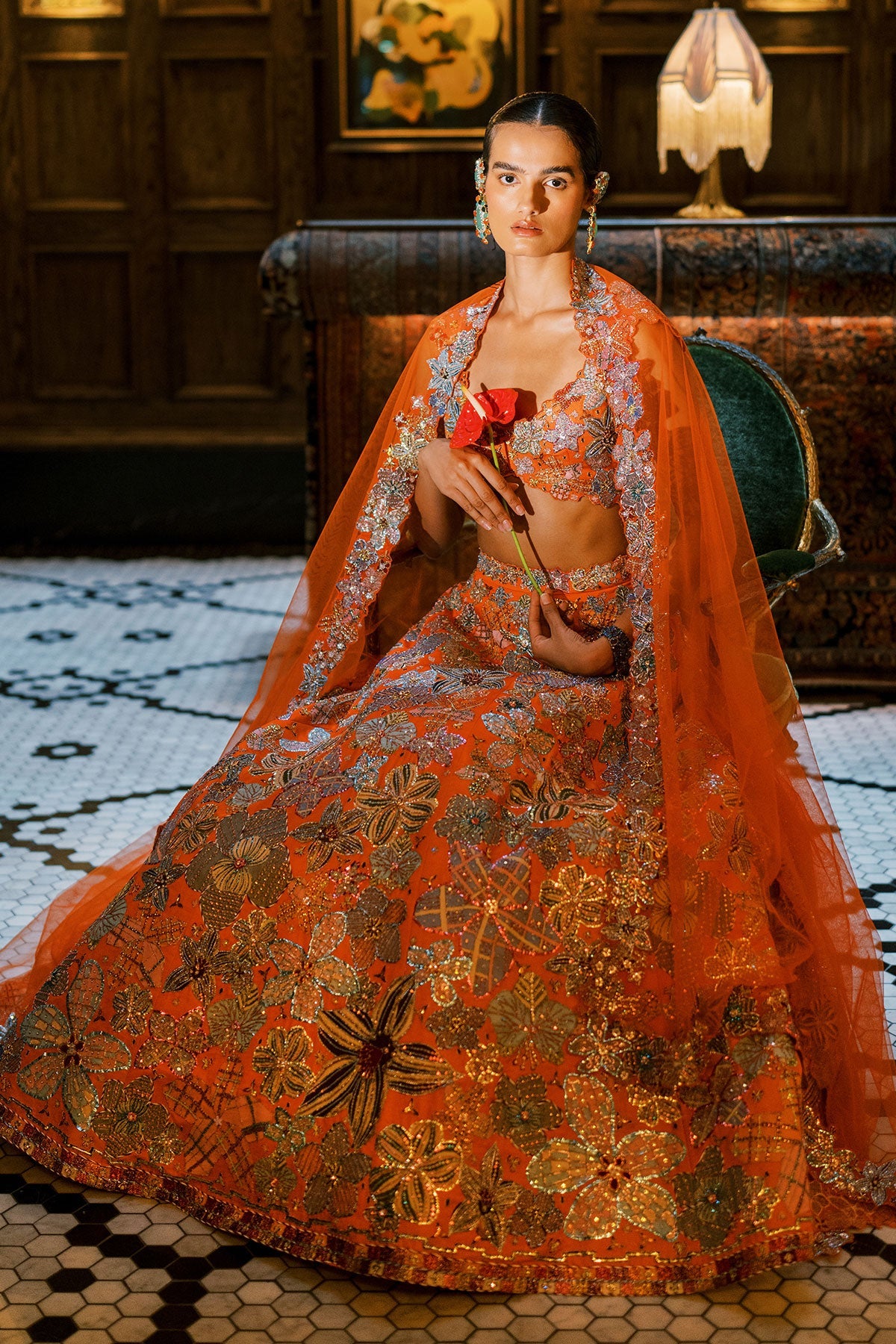 Cyanora - Orange Kasab satin Lehenga
