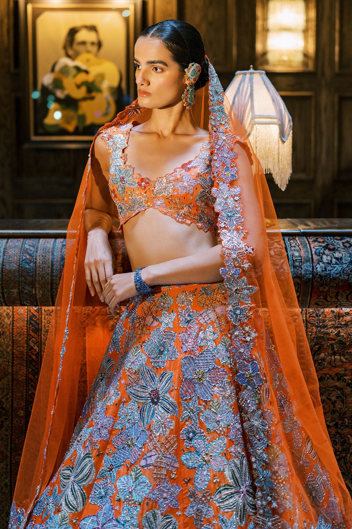 Cyanora - Orange Kasab satin Lehenga