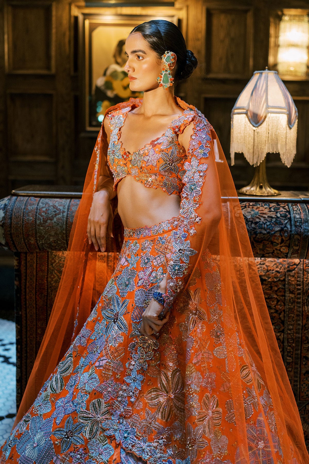 Cyanora - Orange Kasab satin Lehenga