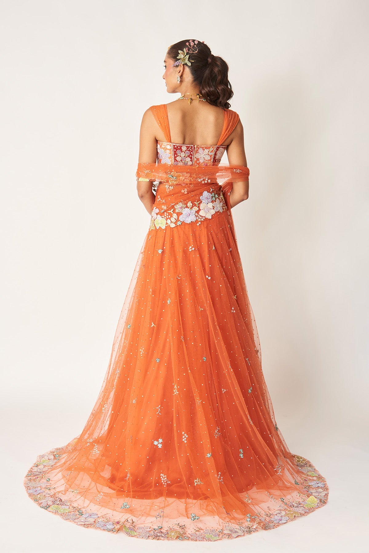 Azalée - Orange Tulle Saree Lehenga