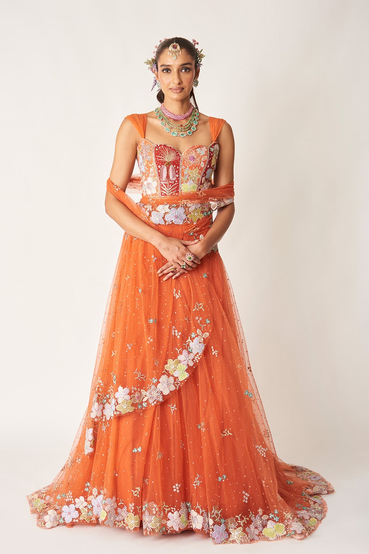 Azalée - Orange Tulle Saree Lehenga