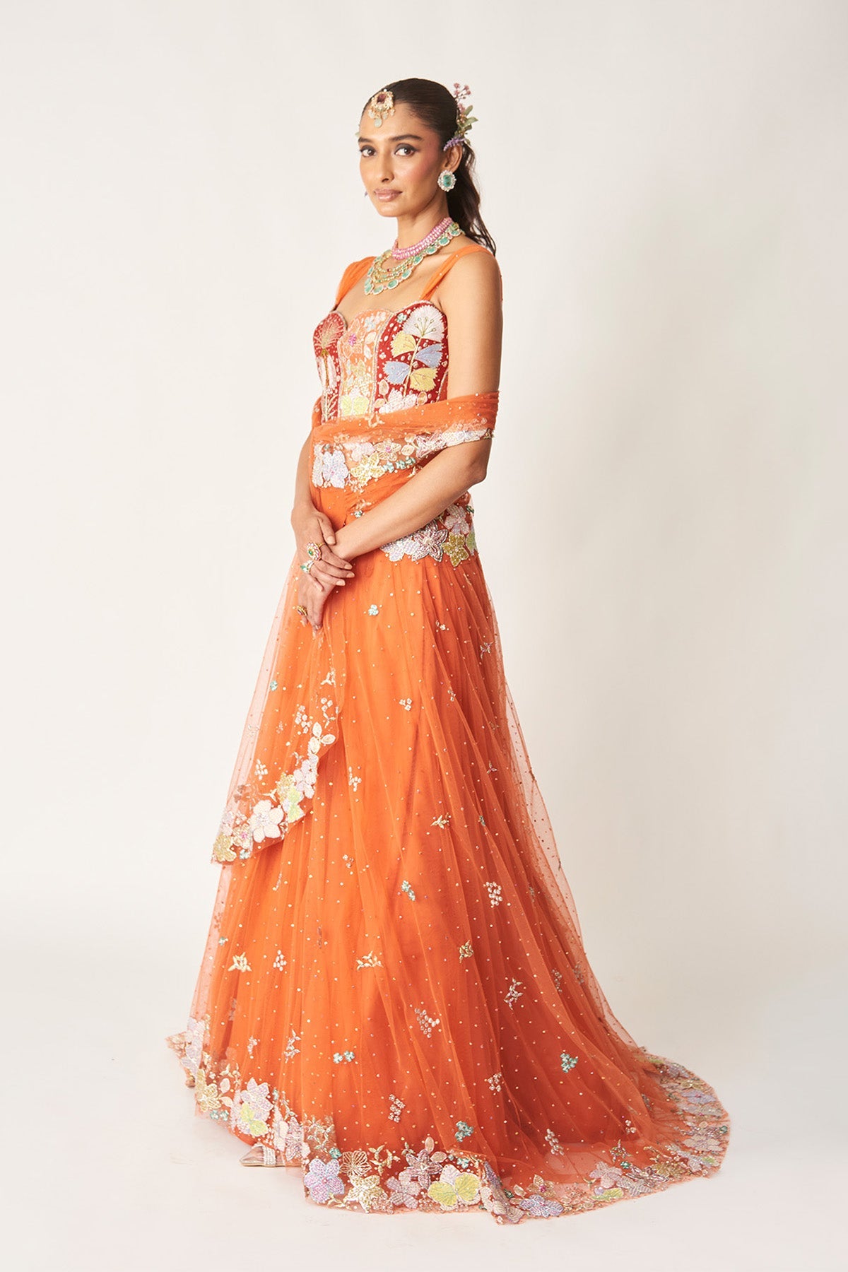 Azalée - Orange Tulle Saree Lehenga