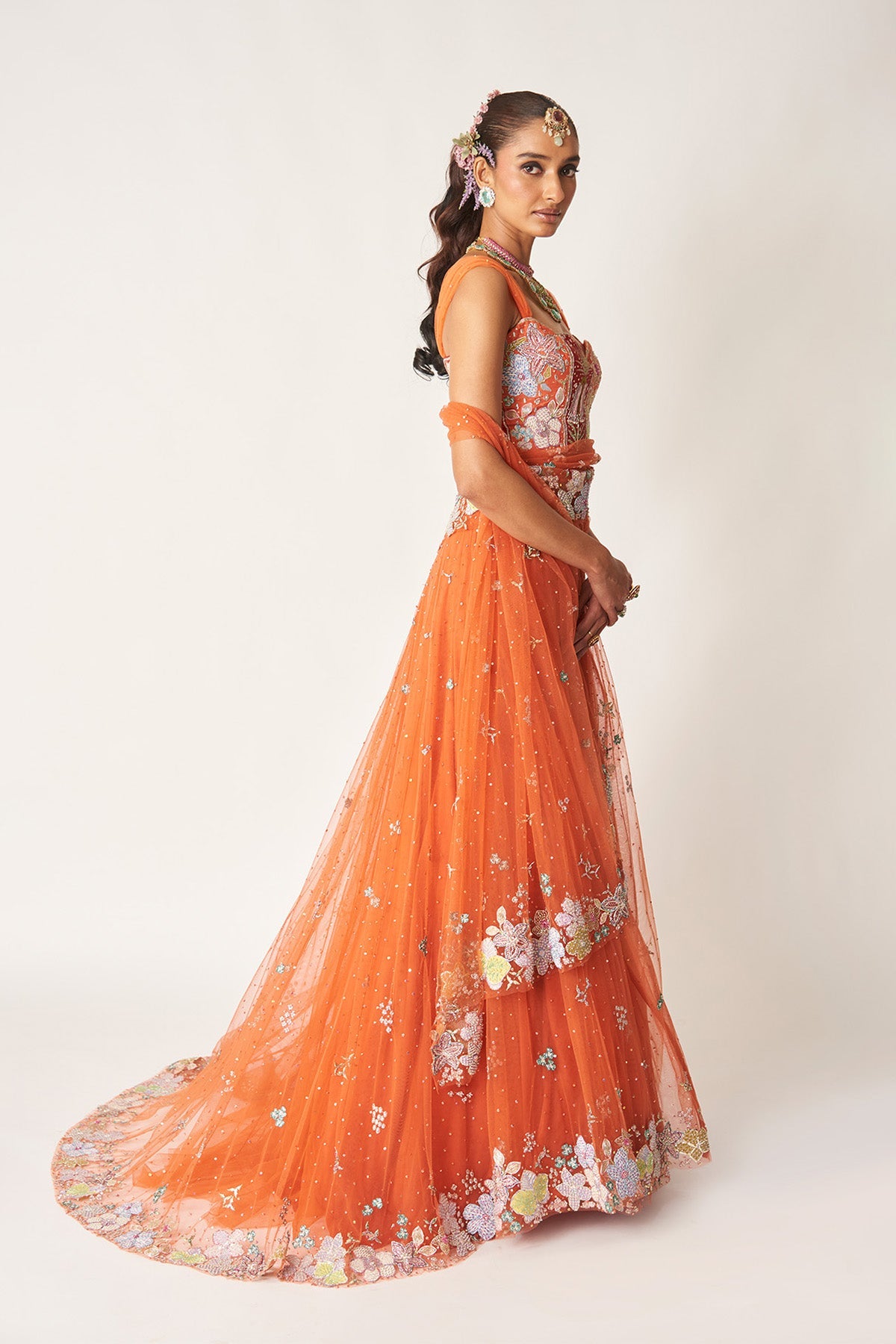 Azalée - Orange Tulle Saree Lehenga
