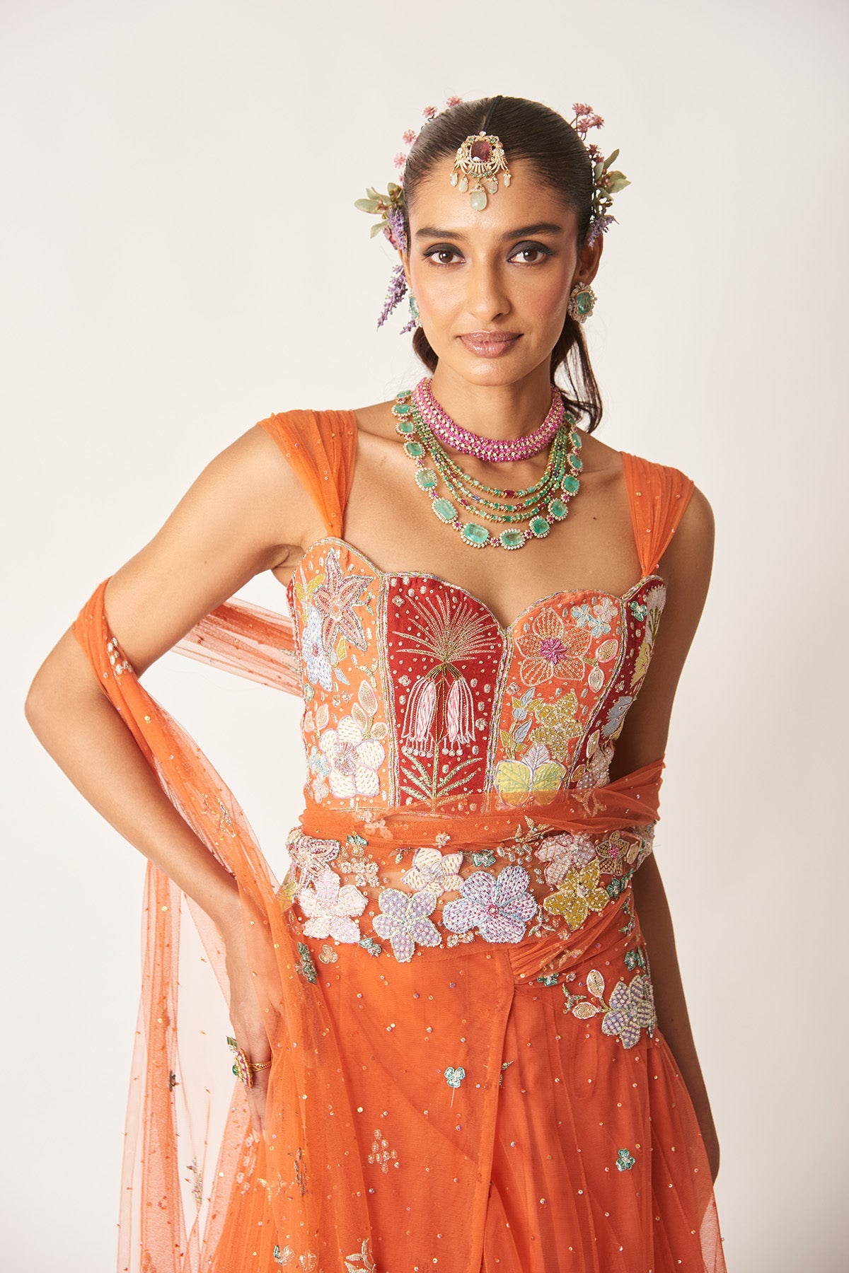 Azalée - Orange Tulle Saree Lehenga