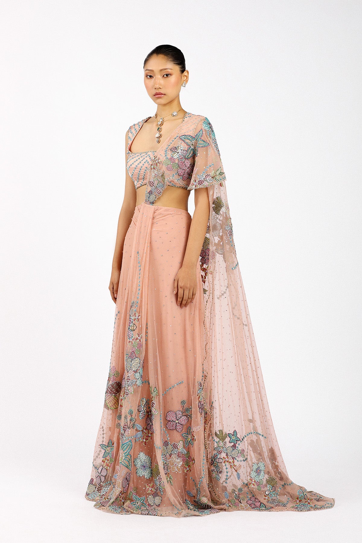 Percilia - Peach Tulle Saree