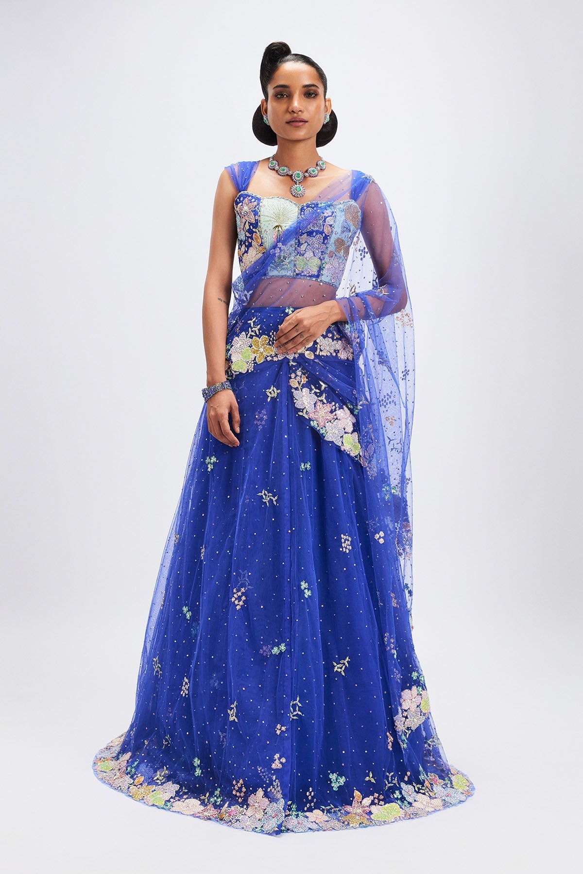 Azalée - Persian Blue Tulle Saree Lehenga