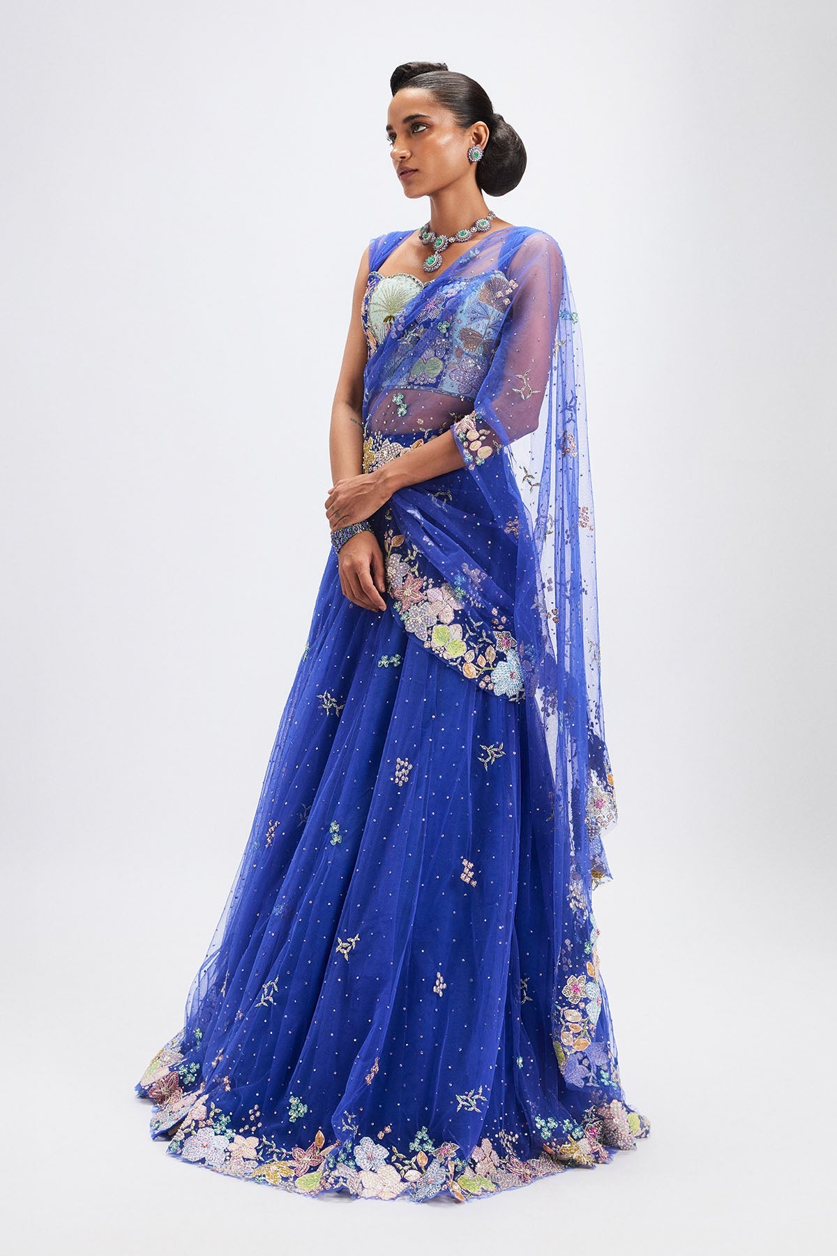 Azalée - Persian Blue Tulle Saree Lehenga