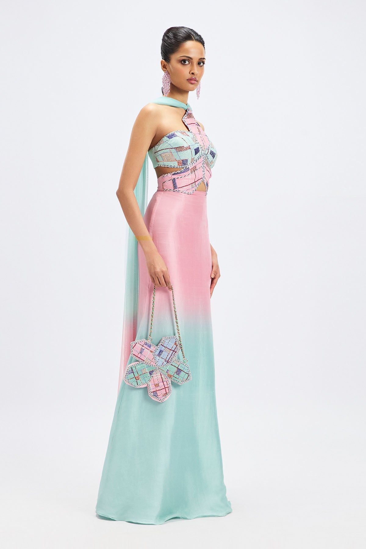 Geranium - Pink Aqua Ombre Dupion Silk Gown
