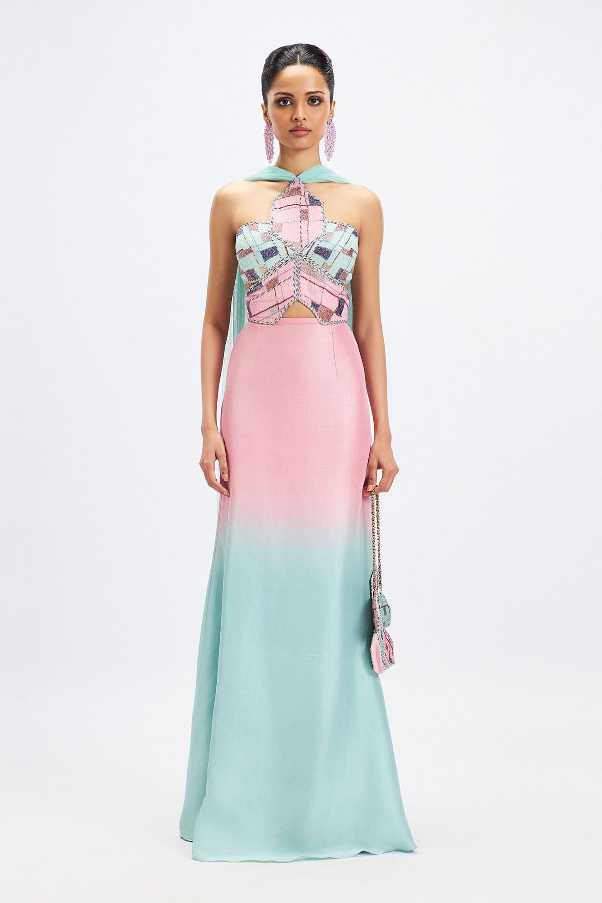 Geranium - Pink Aqua Ombre Dupion Silk Gown