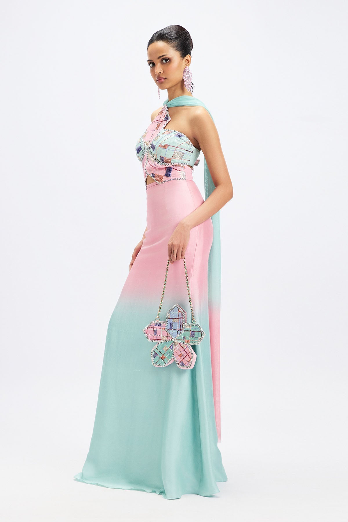 Geranium - Pink Aqua Ombre Dupion Silk Gown