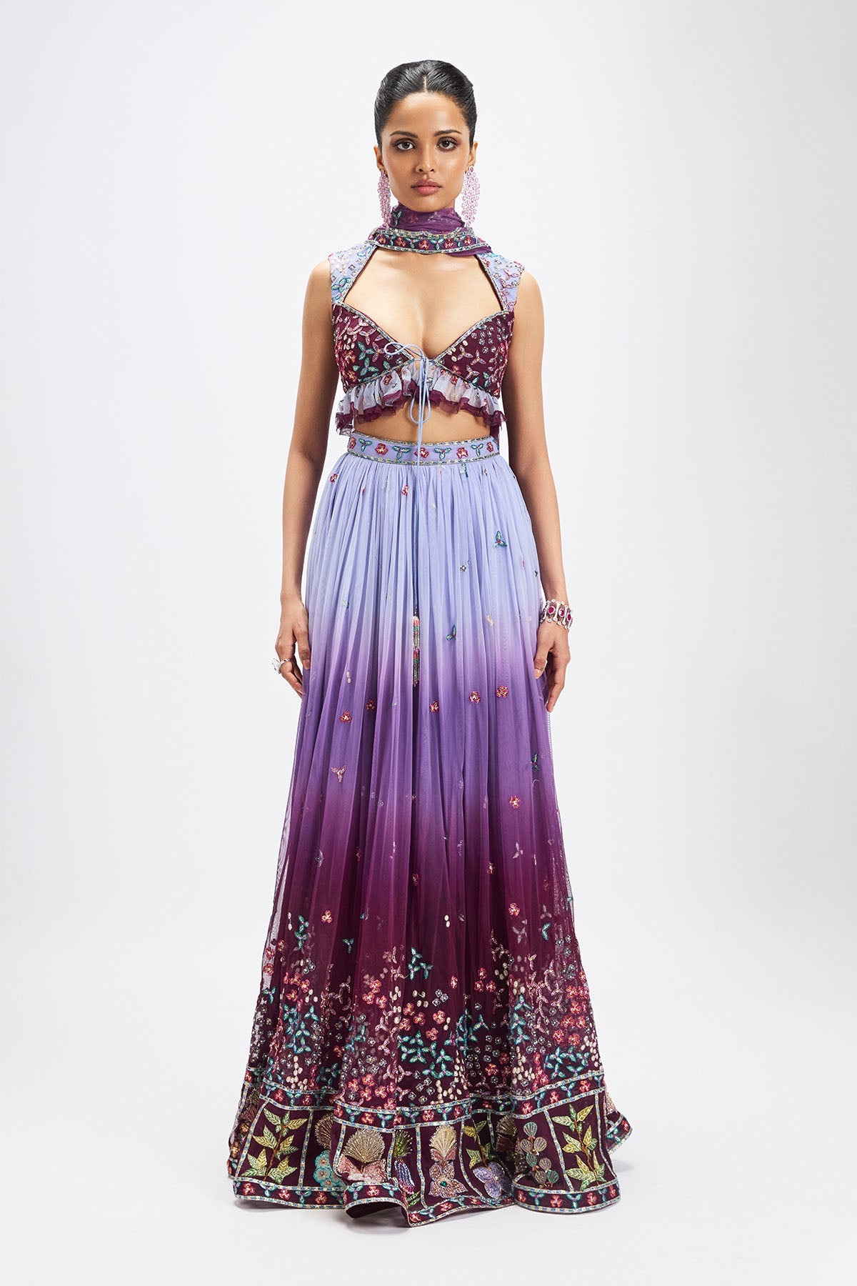 Amétrine - Plum- Dusk Blue Tulle Lehenga