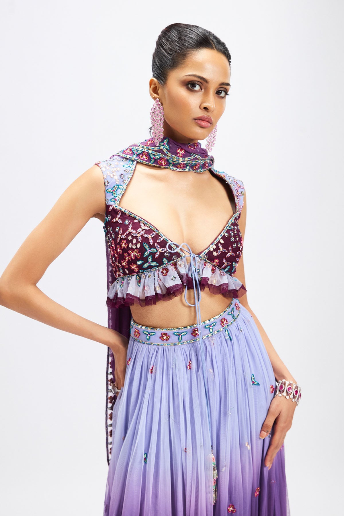 Amétrine - Plum- Dusk Blue Tulle Lehenga