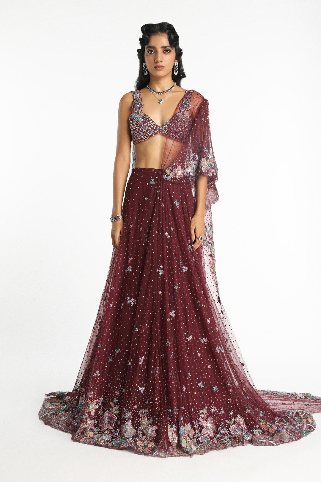 Mireille - plum tulle saree lehenga