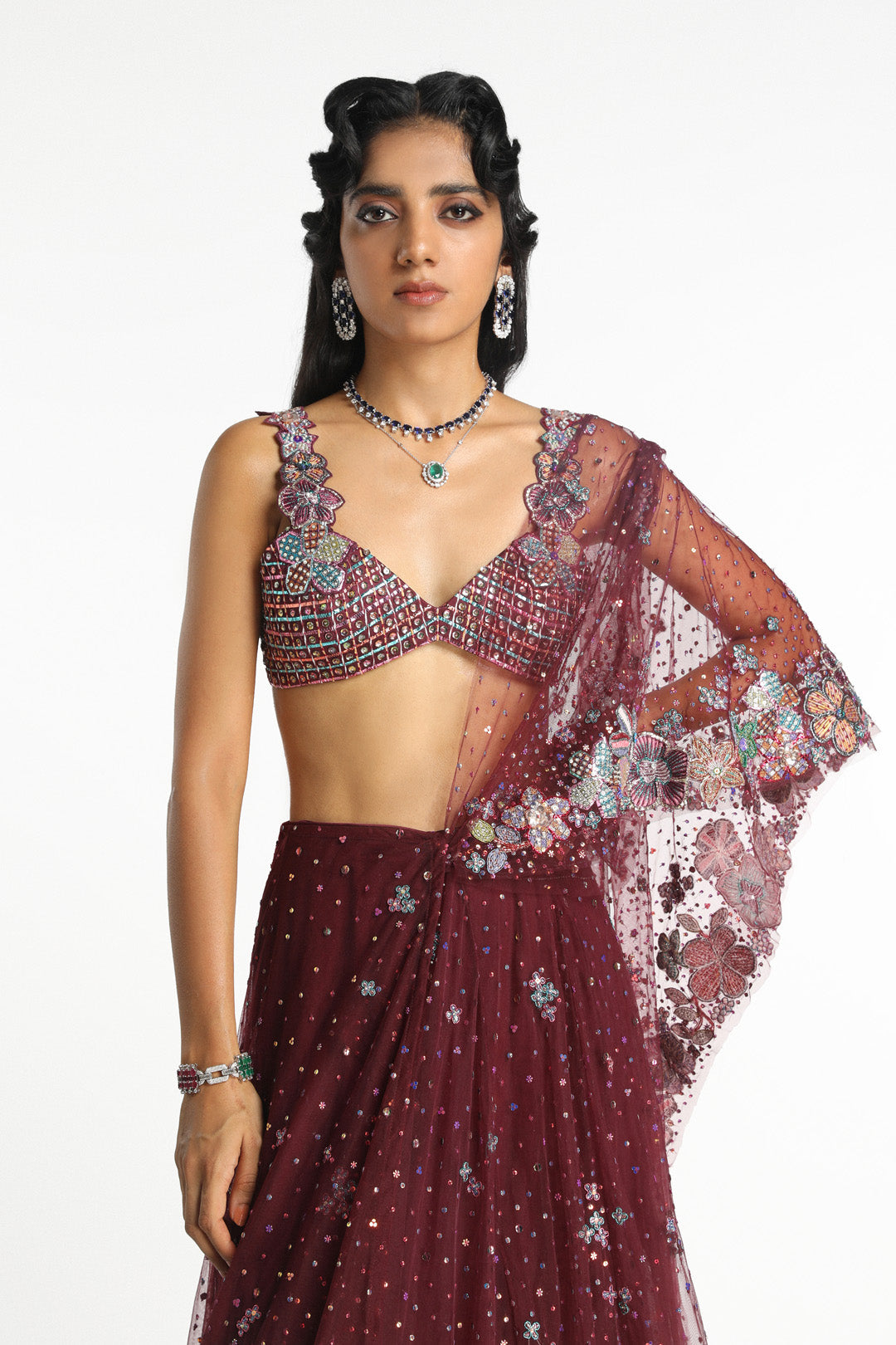 Mireille - plum tulle saree lehenga