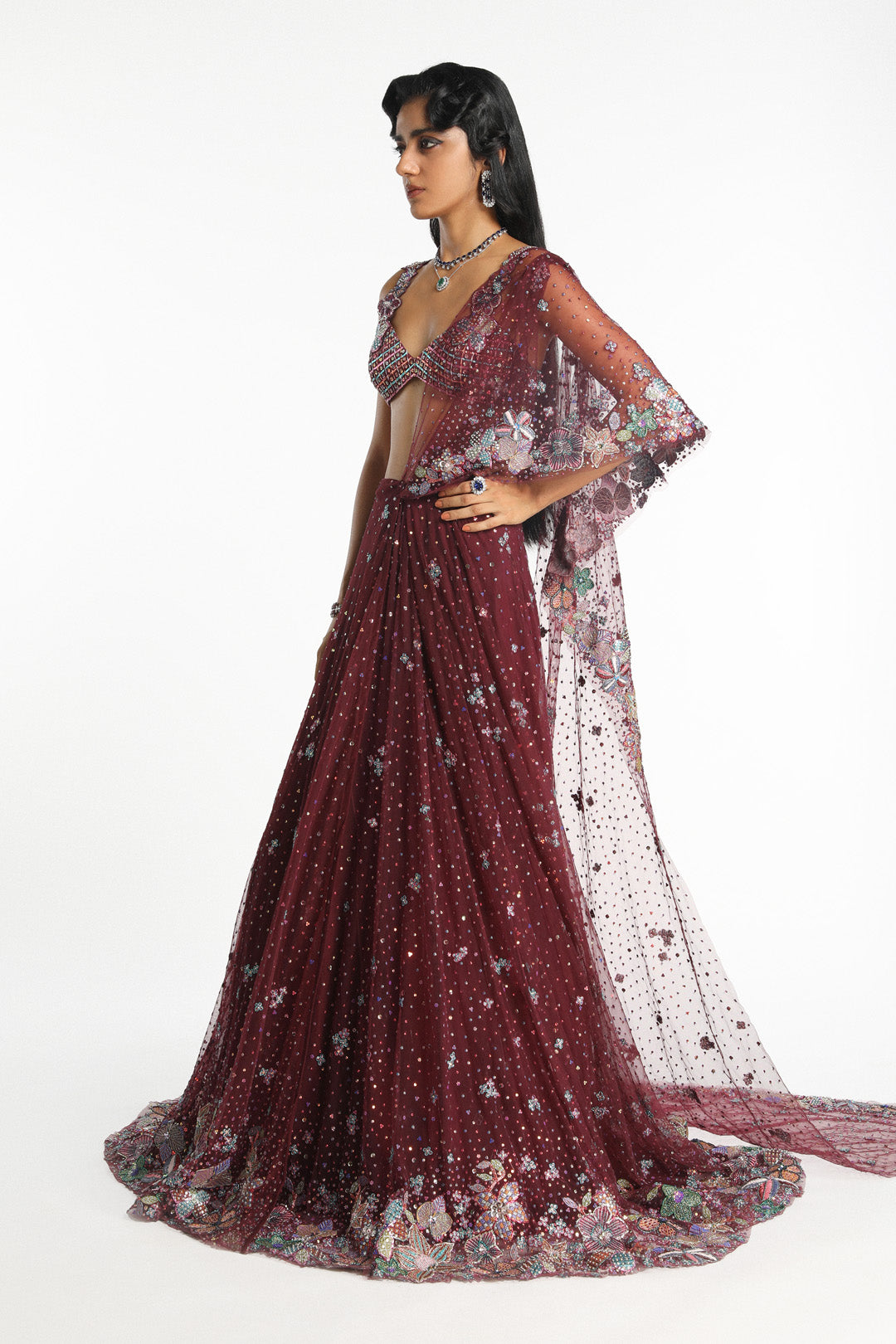 Mireille - plum tulle saree lehenga