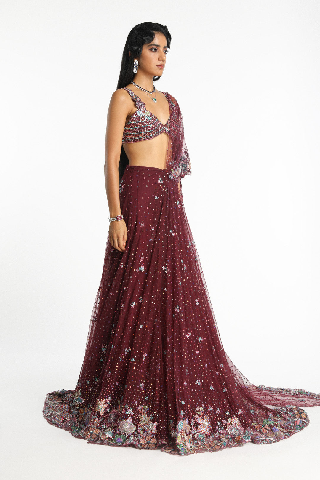Mireille - plum tulle saree lehenga