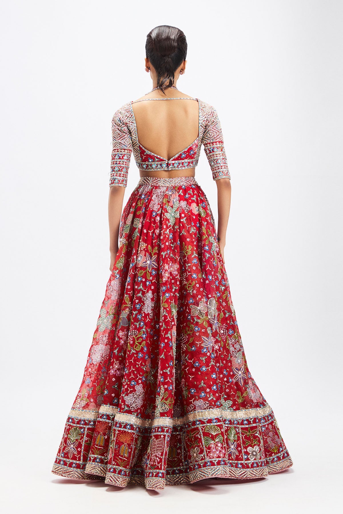 Rubisette – Red Appliqué Organza Lehenga