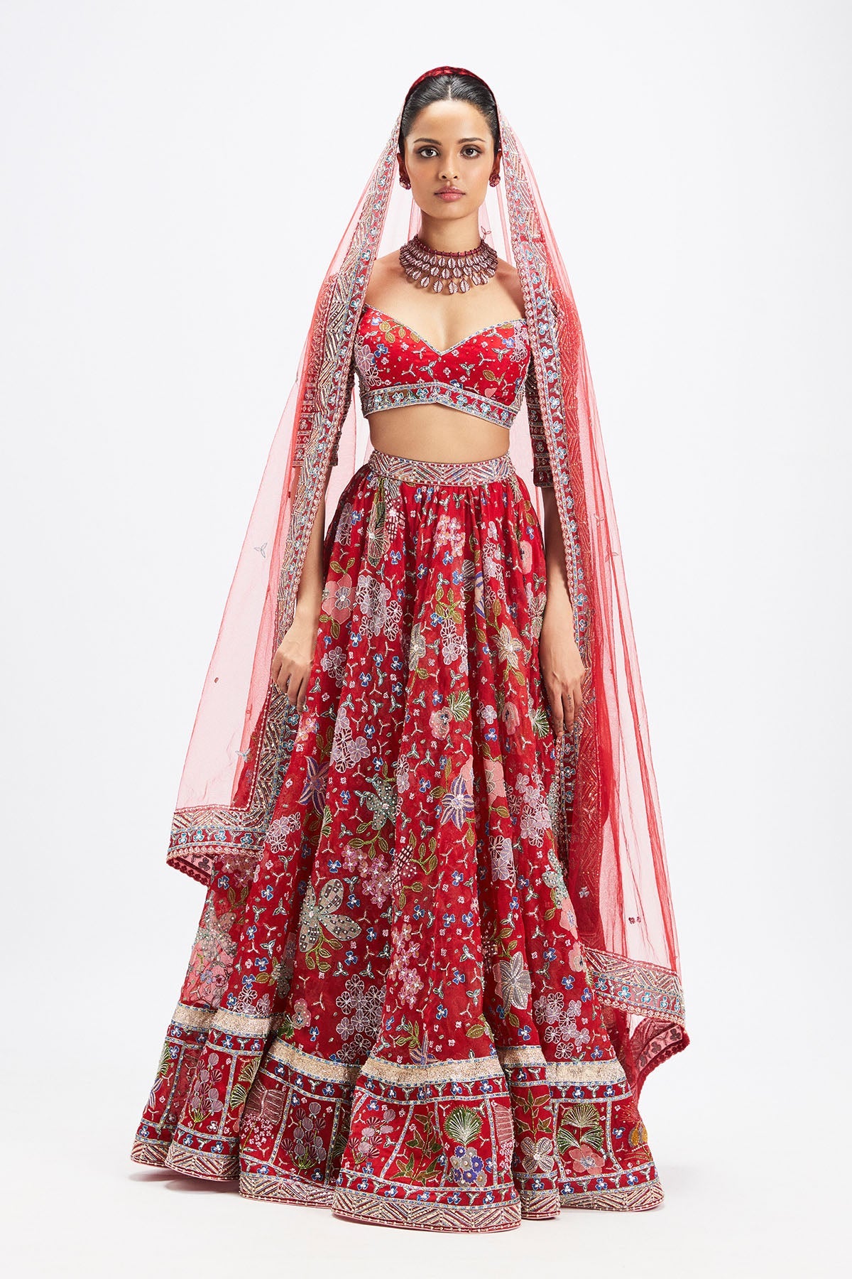 Rubisette – Red Appliqué Organza Lehenga