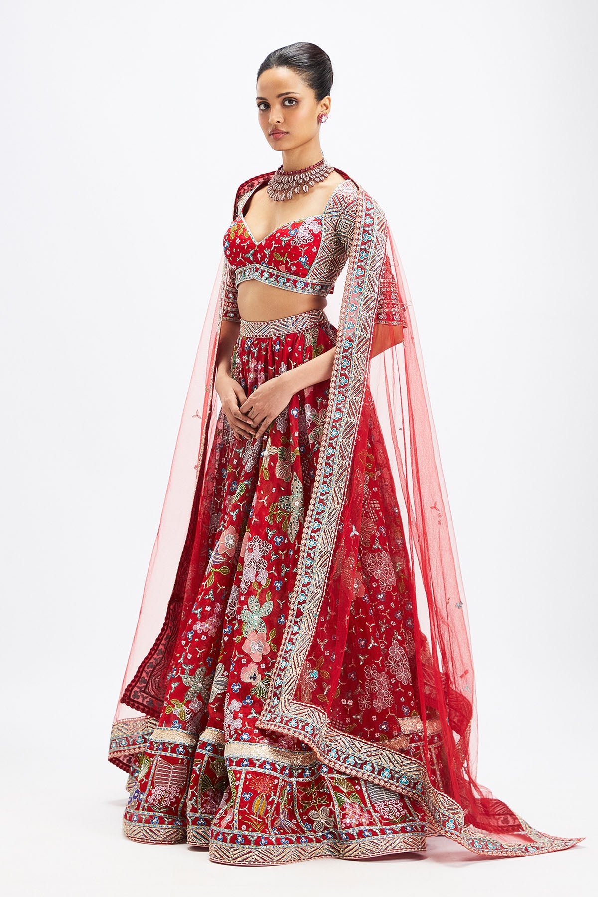 Rubisette – Red Appliqué Organza Lehenga