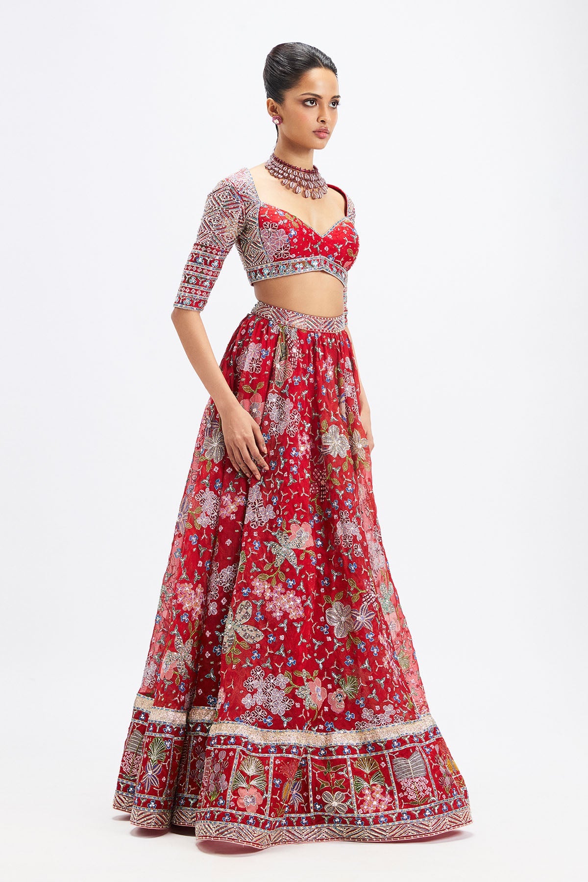Rubisette – Red Appliqué Organza Lehenga