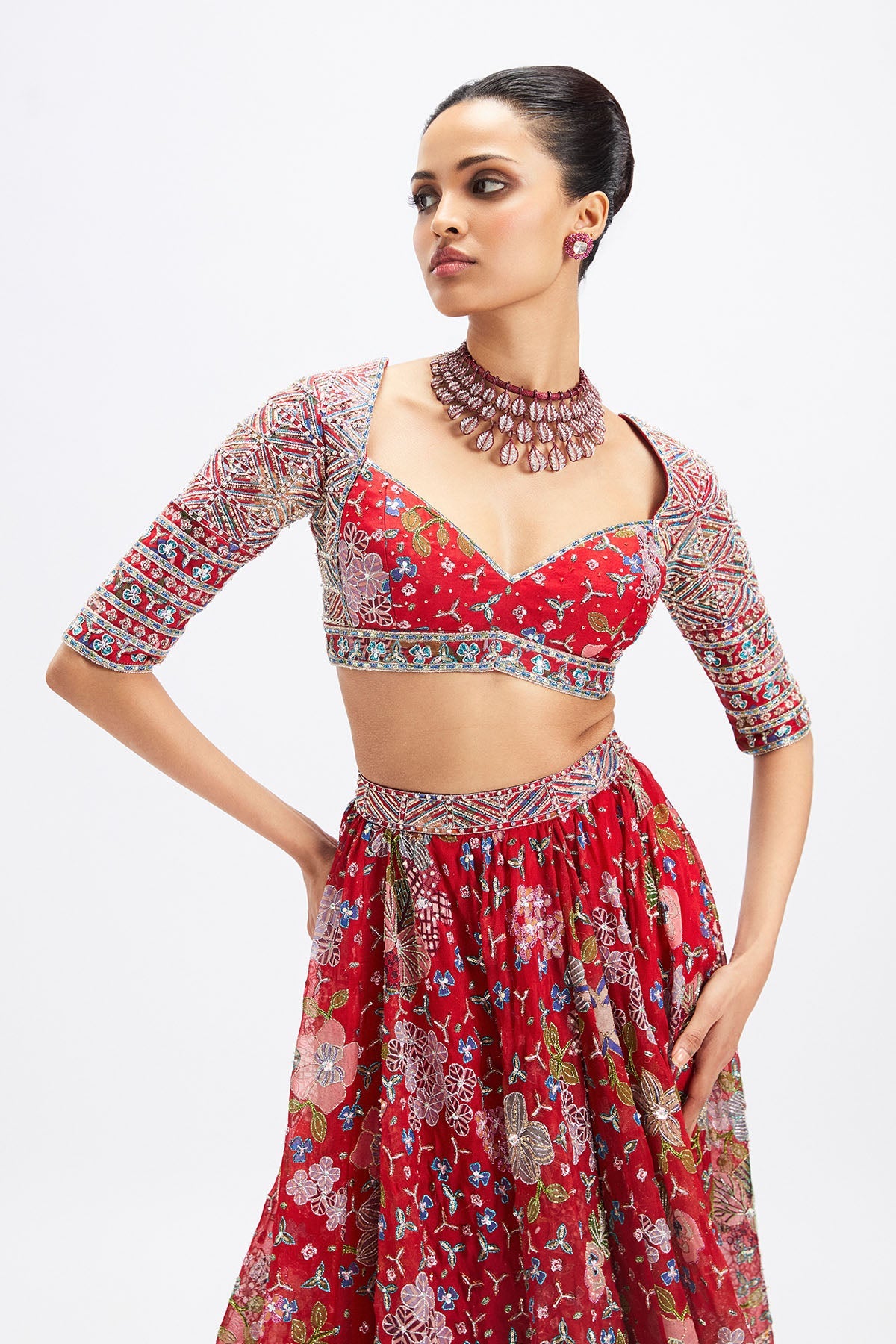 Rubisette – Red Appliqué Organza Lehenga