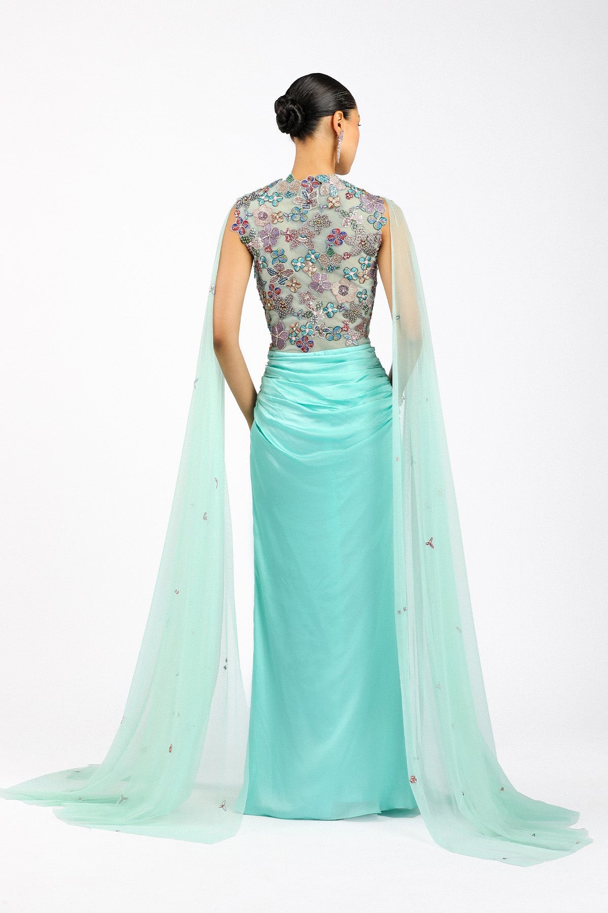 Vivelise - Scuba Blue Silky Satin Ruffled Gown