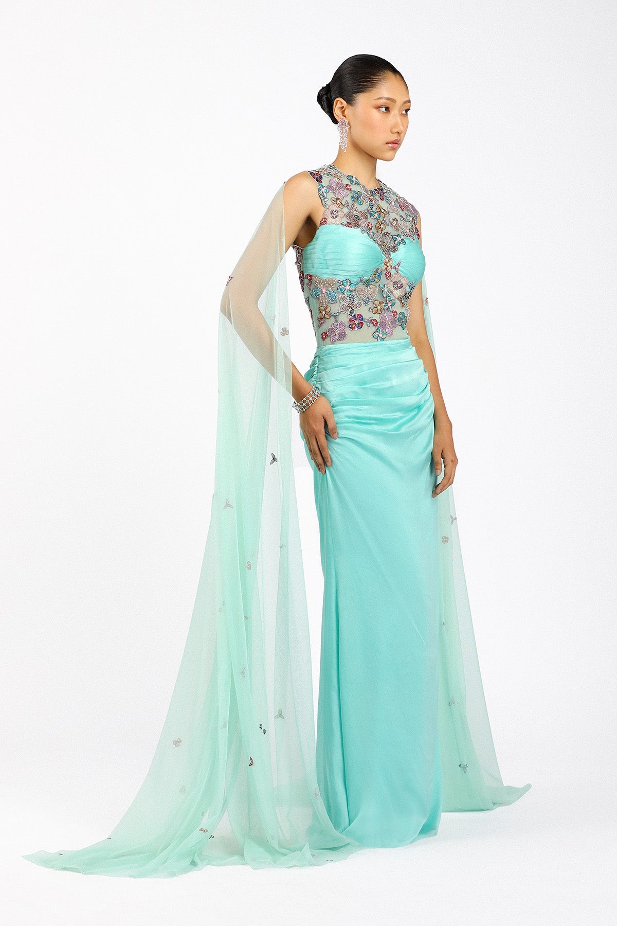 Vivelise - Scuba Blue Silky Satin Ruffled Gown