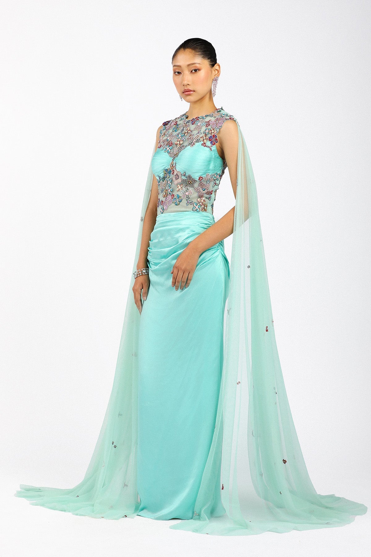 Vivelise - Scuba Blue Silky Satin Ruffled Gown