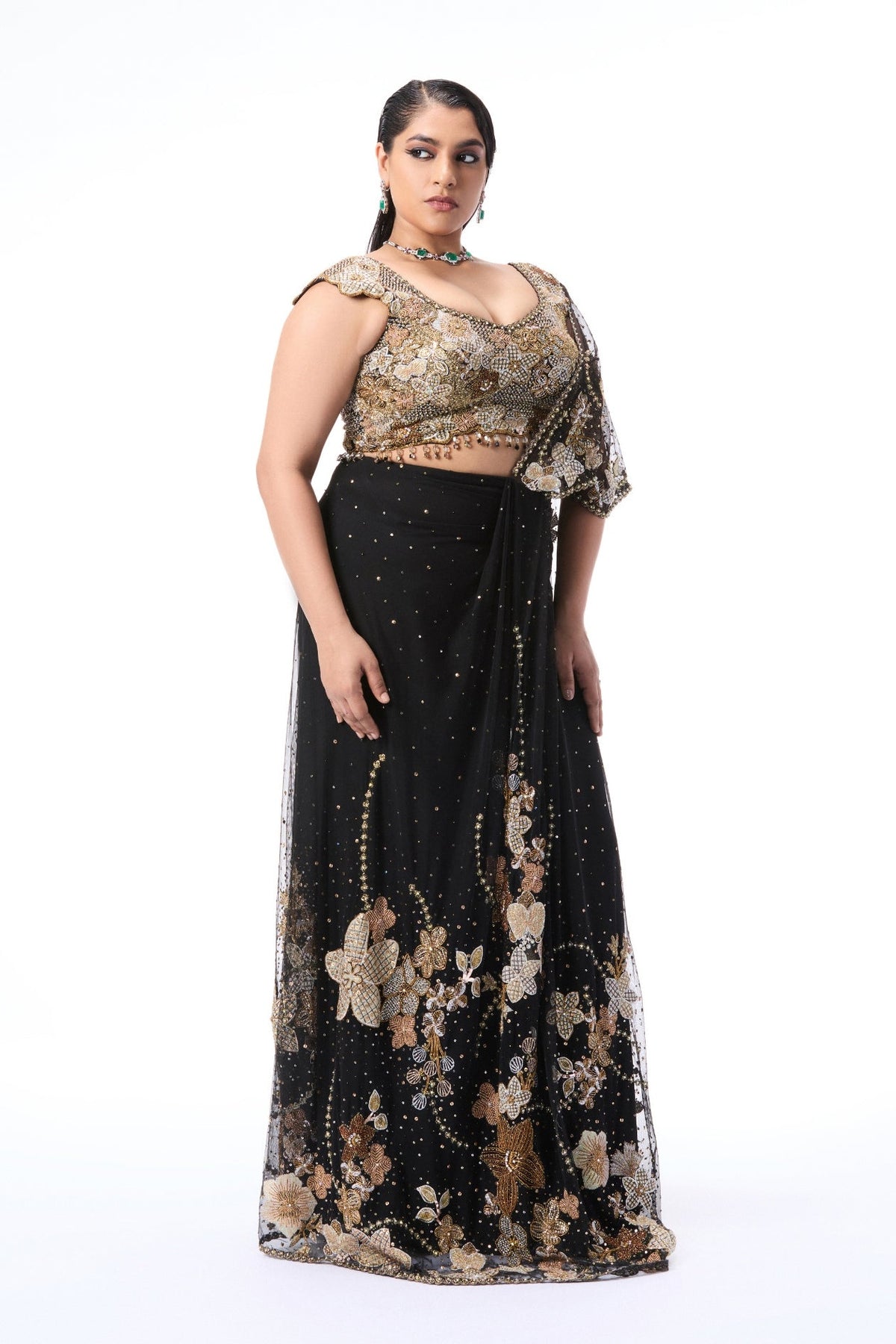 Elrosa - Black Tulle Draped Saree