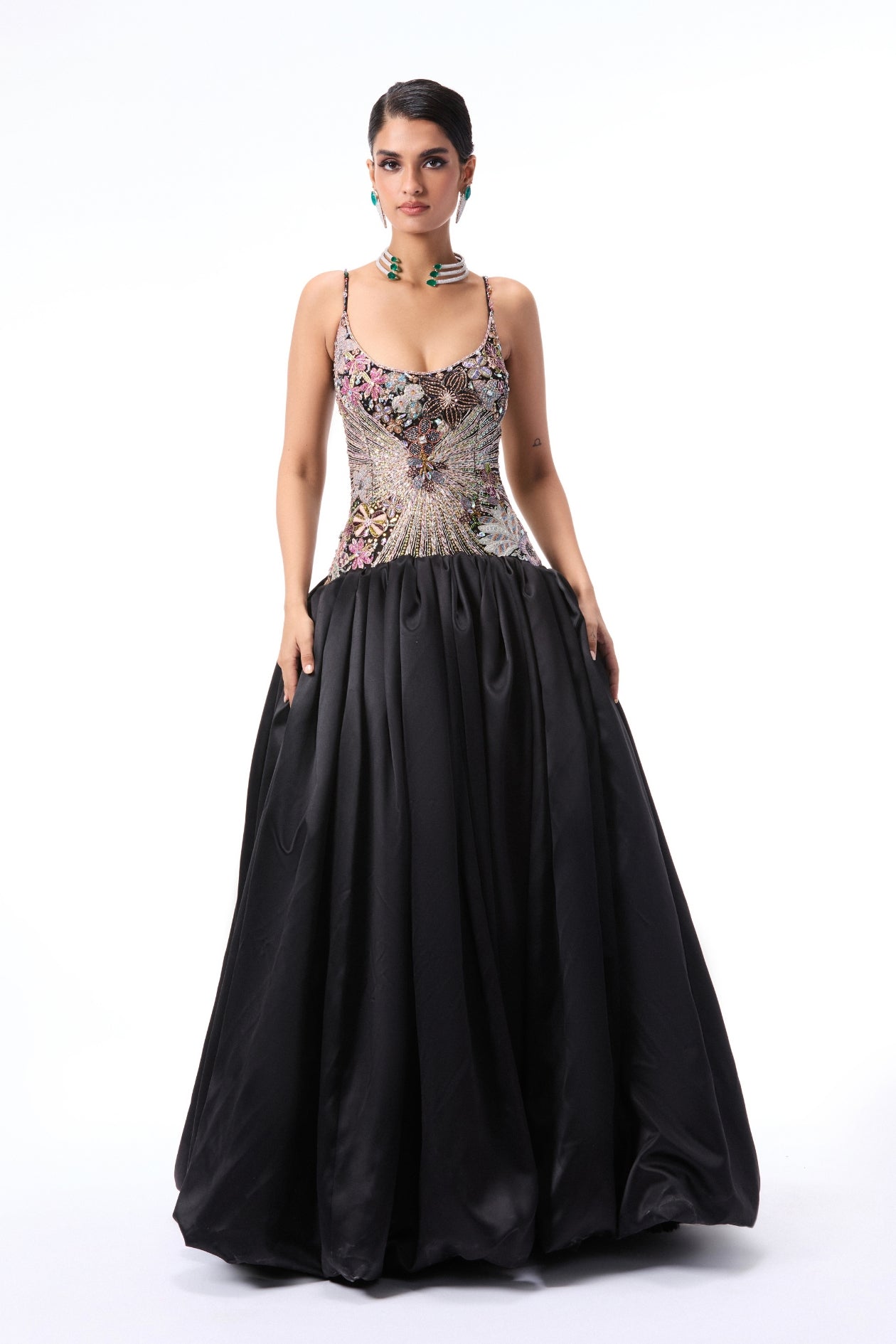 Sanya Malhotra In Sunflair - Black Taffeta Satin Gown