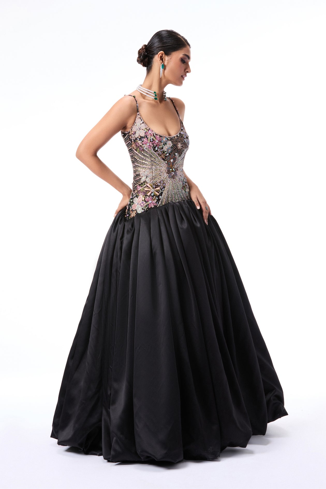Sanya Malhotra In Sunflair - Black Taffeta Satin Gown