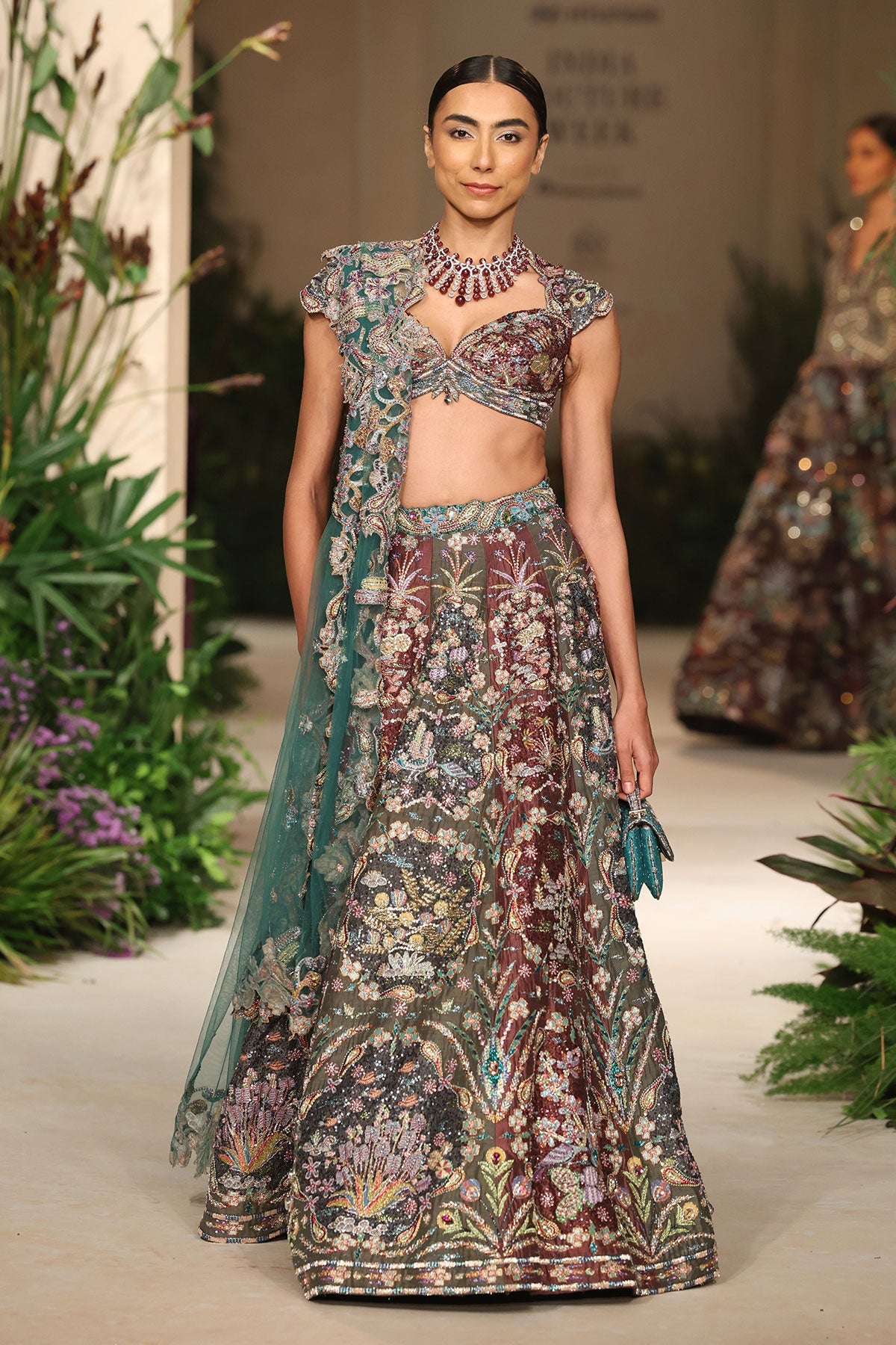 Heartvale - Teakberry gunmetal raw silk Lehenga