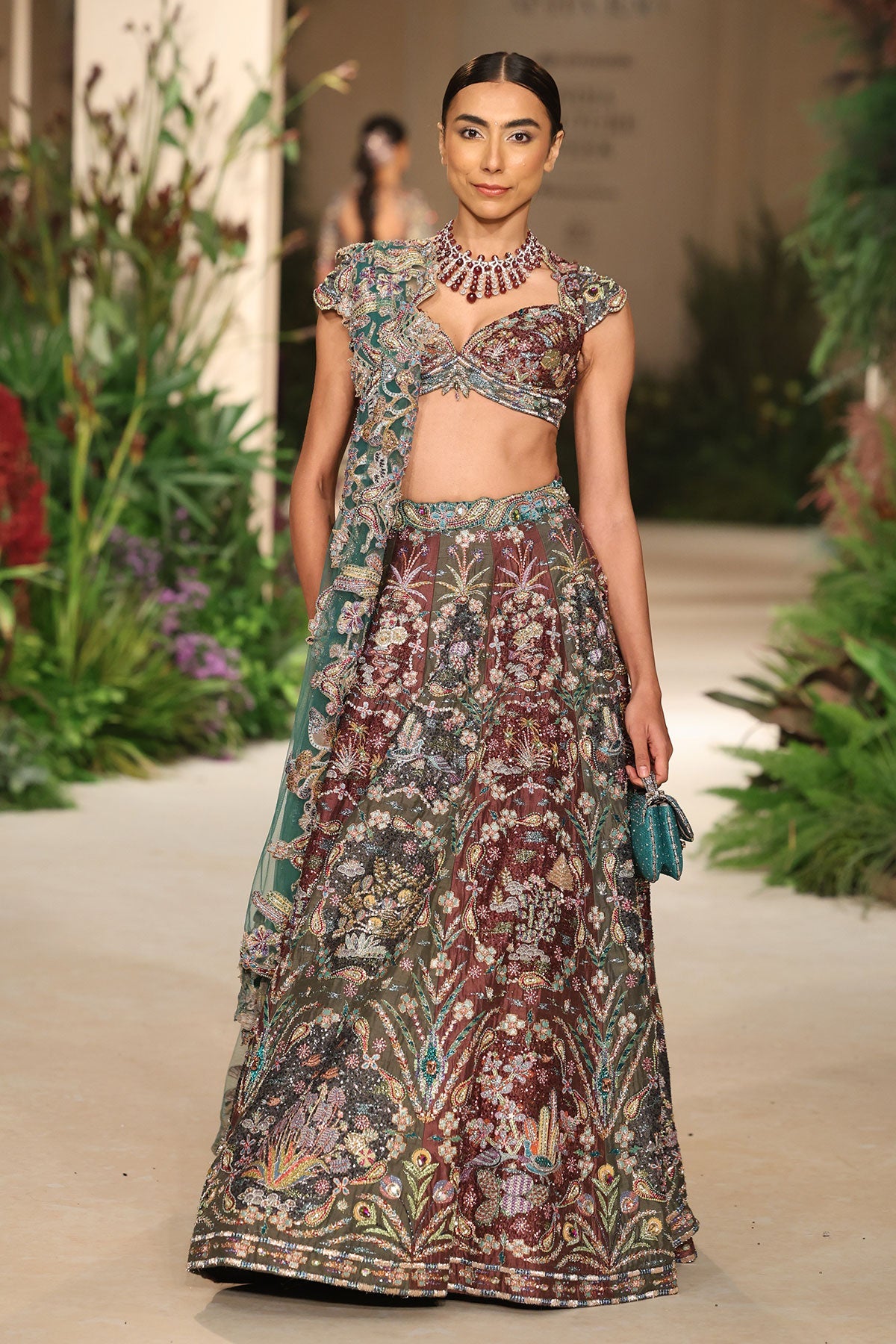 Heartvale - Teakberry gunmetal raw silk Lehenga