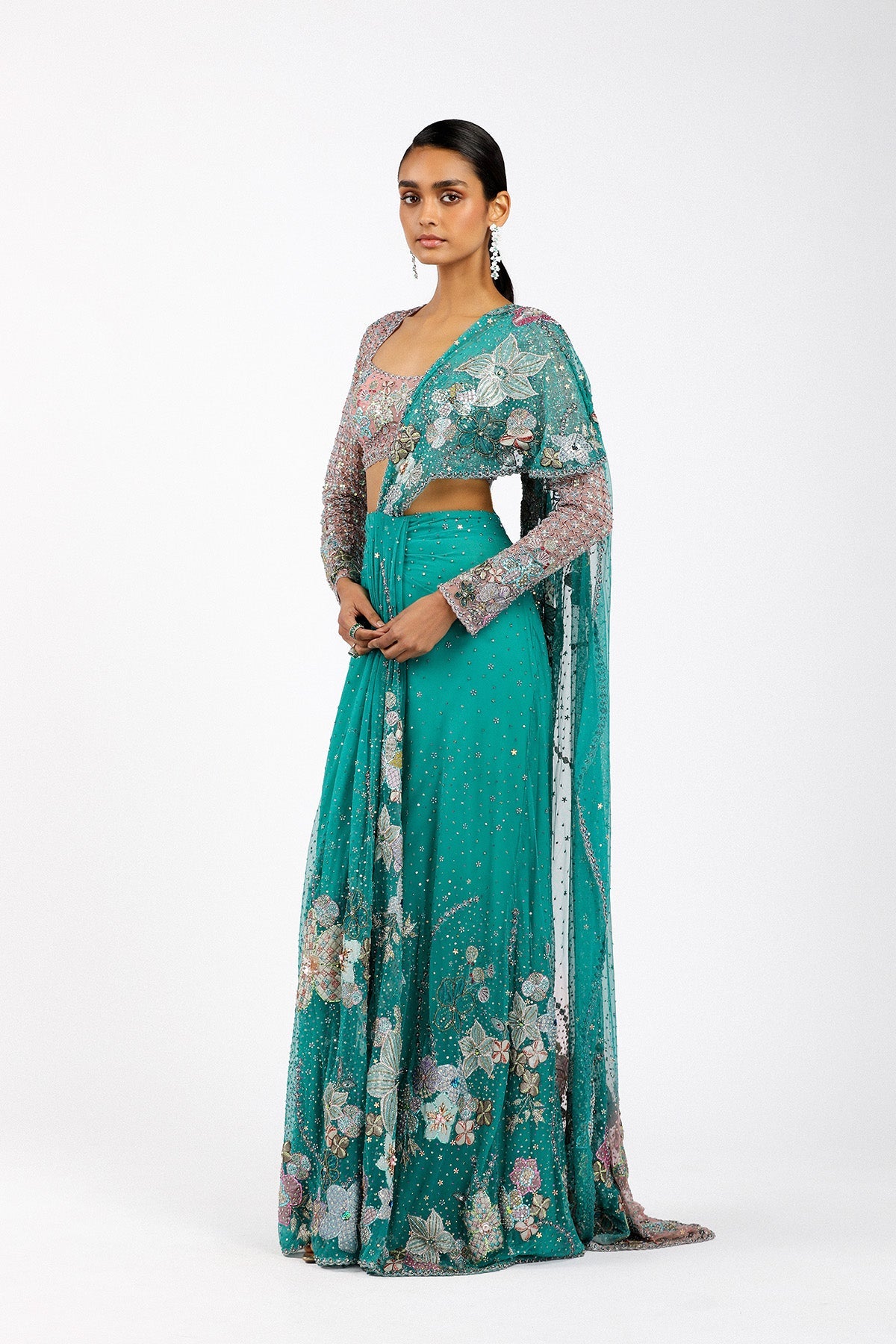 Myrielle - Turq-Pink Tulle Saree