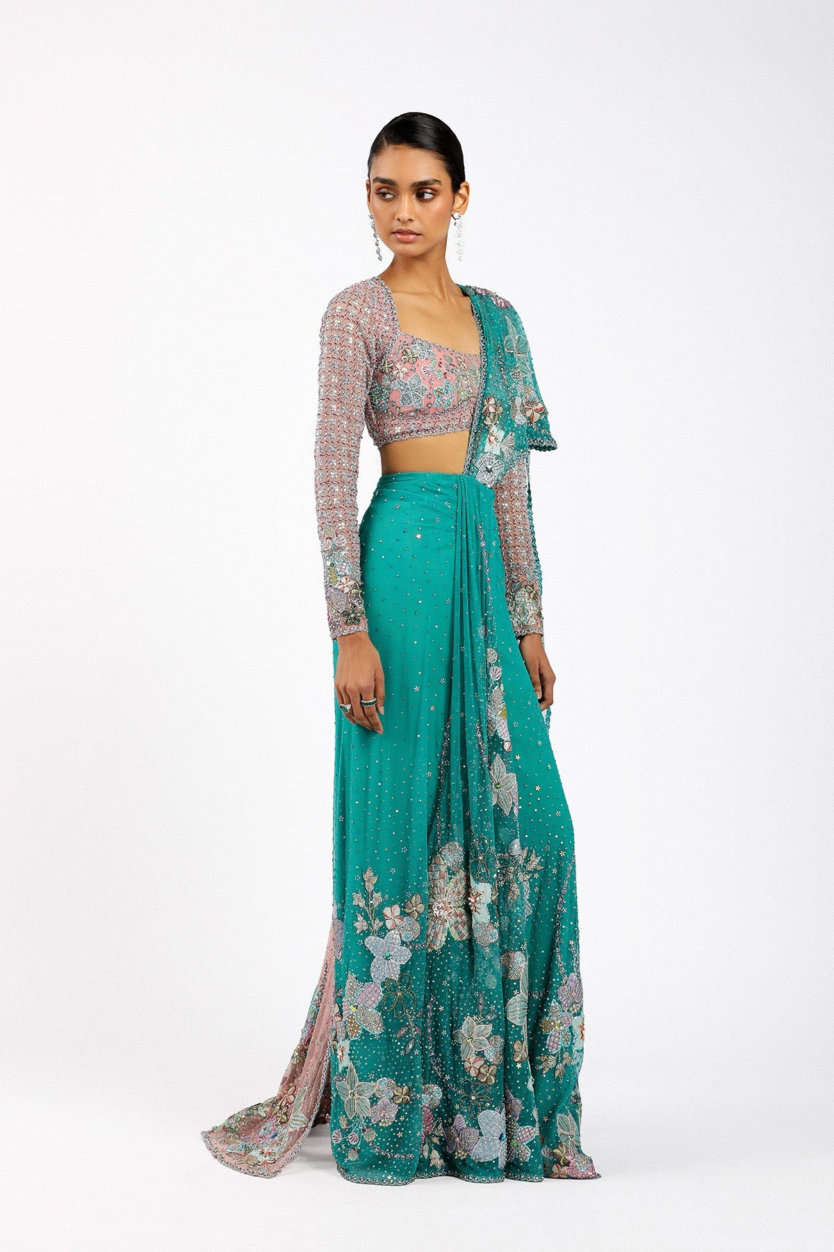 Myrielle - Turq-Pink Tulle Saree