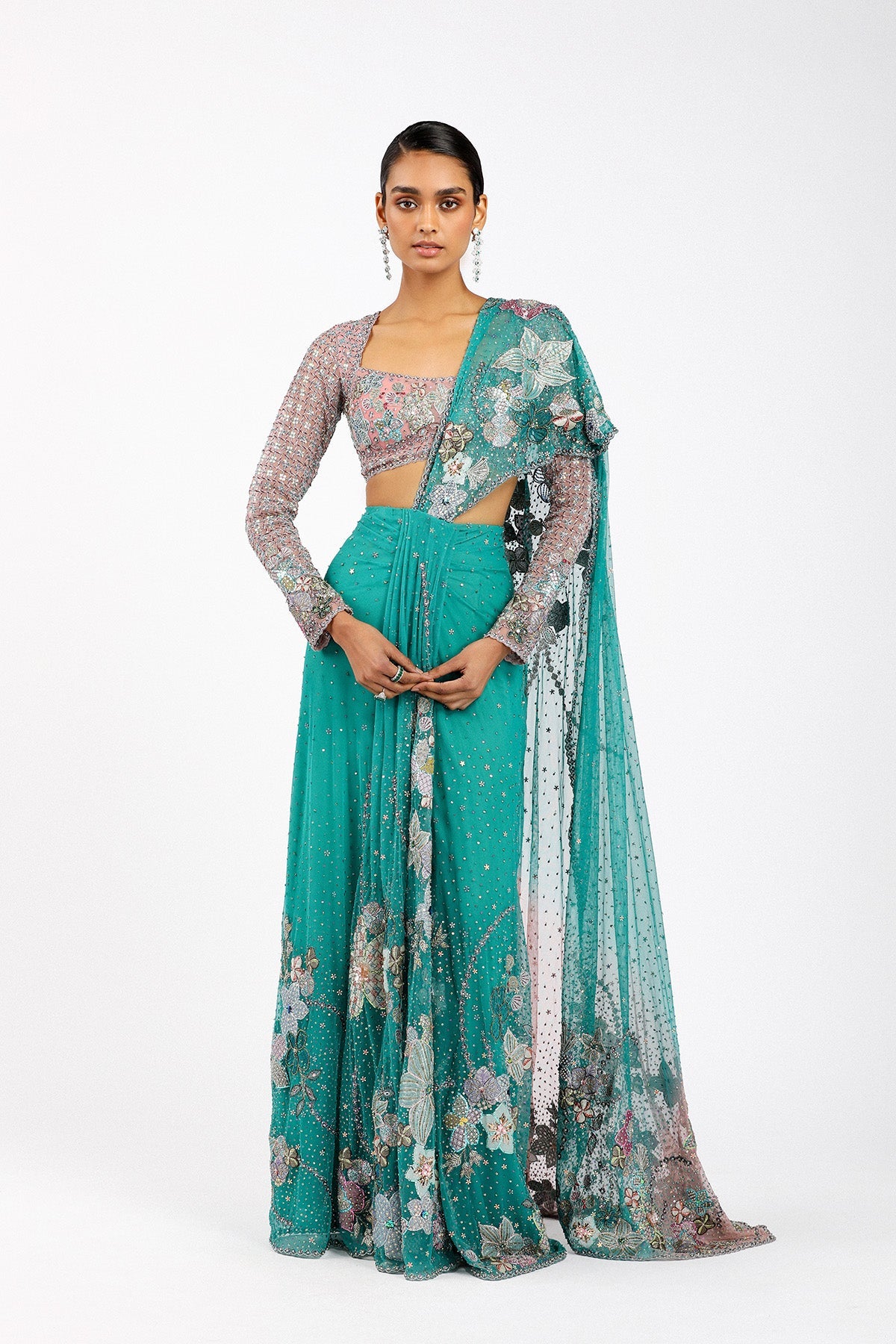 Myrielle - Turq-Pink Tulle Saree